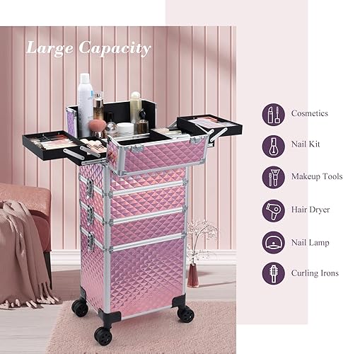 Vista 24 de Adazzo Maleta de maquillaje 4 en 1 con ruedas para cosméticos, caja de tecnología de uñas para artistas de maquillaje, estilistas, estuche de Negro