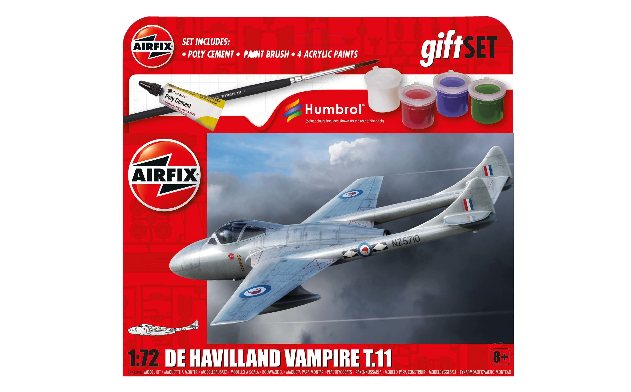 Airfix Hängende Modellflugzeug-Kits - de Havilland Vampire T.11 Modellbau-Set, Maßstab 1:72, Modellflugzeug-Kit für Erwachsene & Kinder ab 8 Jahren, Flugzeugmodelle, Militärgeschenke für Männer zum