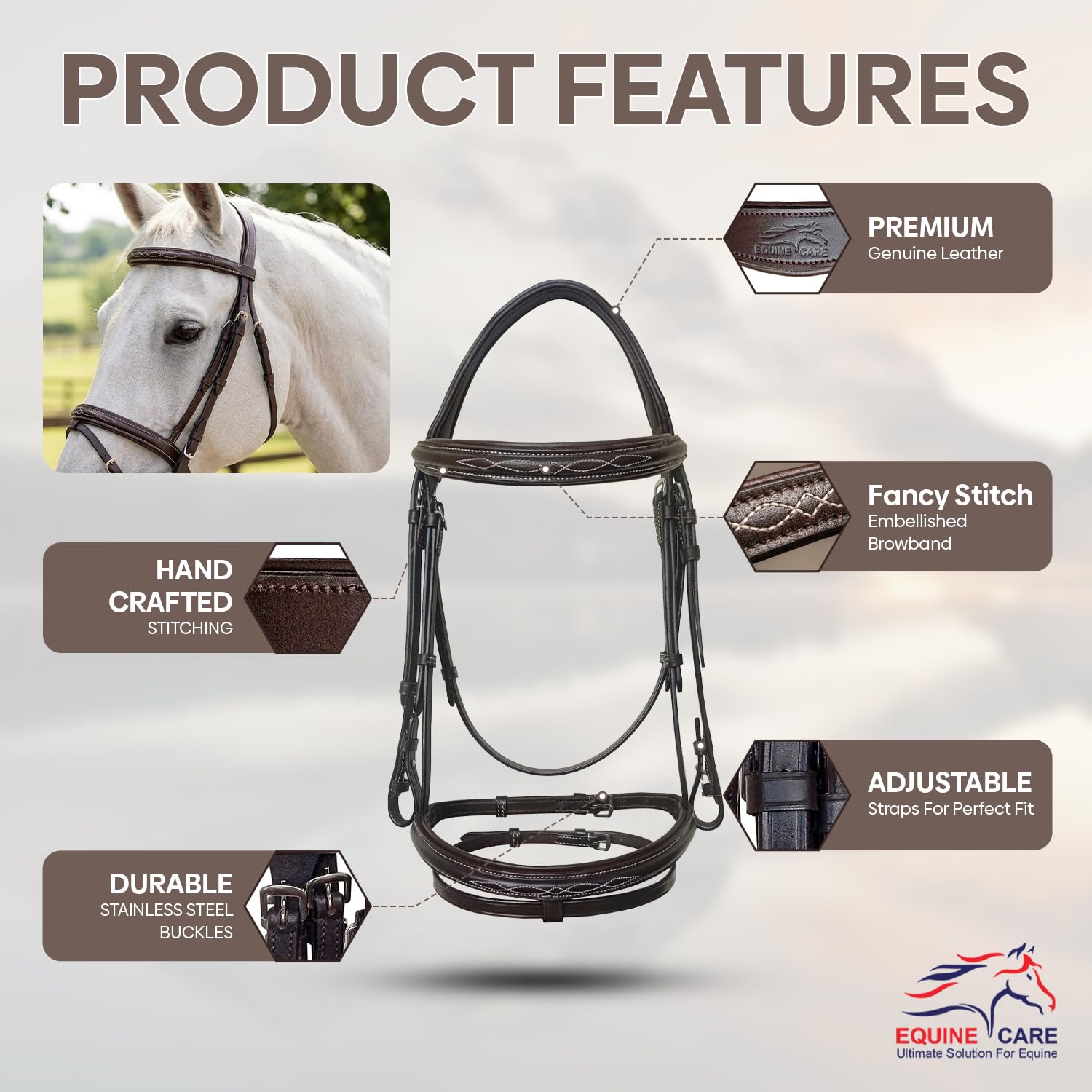 Equine Care Brida de caballo inglés con riendas – Costura elegante, corona acolchada y muserola, cuero curtido vegetal, accesorios de acero inoxidable, tachuelas Hunter de tamaño completo