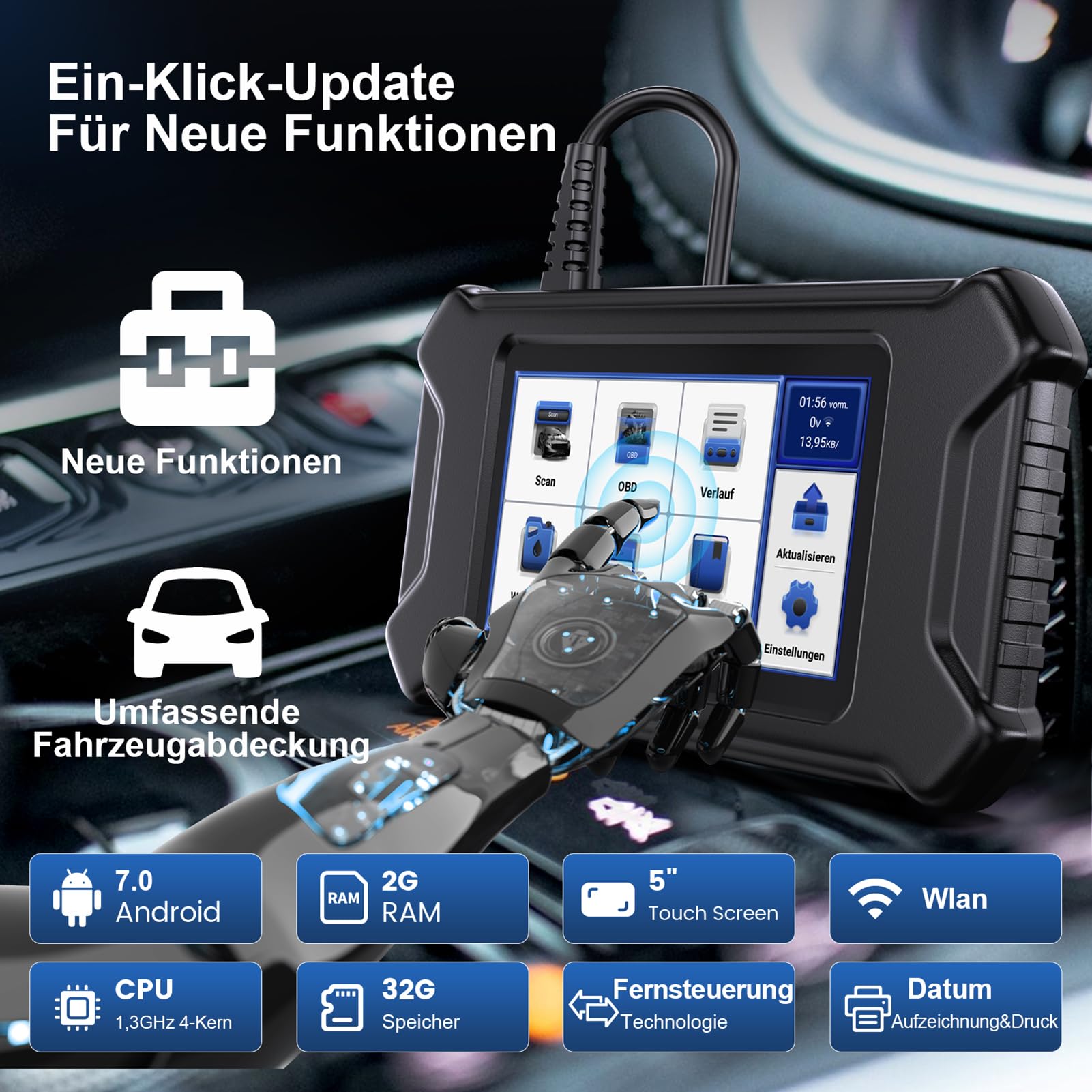 OBD2 Diagnosegerät, MUCAR CS90 Diagnosegerät Auto Mit 2 Systemdiagnose (ECM/ABS) Und 28 Reset-Funktion, Auto Diagnosegerät Für AutoVIN-Service, Android 7.0, kostenloses Update