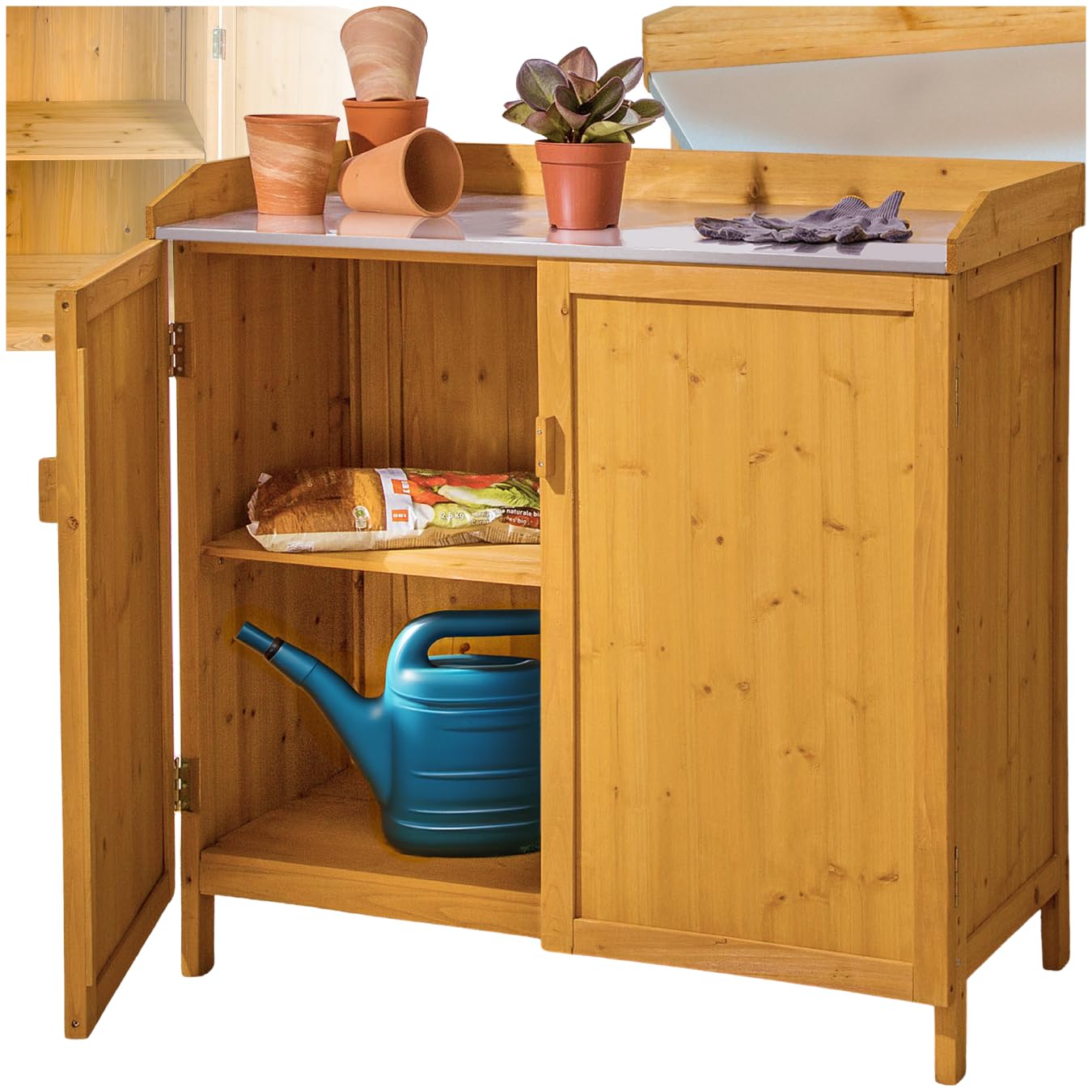 tectake® Armario Exterior de Madera con Estanterias Almacenaje, Ideal para Muebles Jardin Exterior y Jardin, con Superficie Galvanizada y Espacio Protegido para Almacenamiento - 98 x 48 x 95 cm