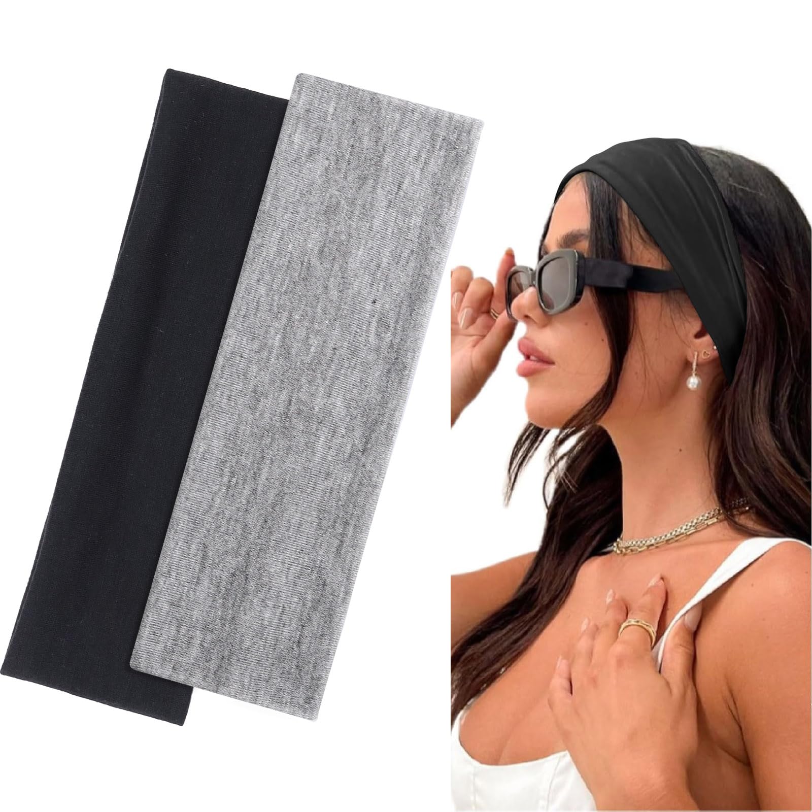BELEVO Haarband Damen Sport, 7cm Headband Yoga Stirnband Damen Antirutsch Hair Band Haarbänder für Fitness Laufen Exercise Gym (Schwarz, Grau)