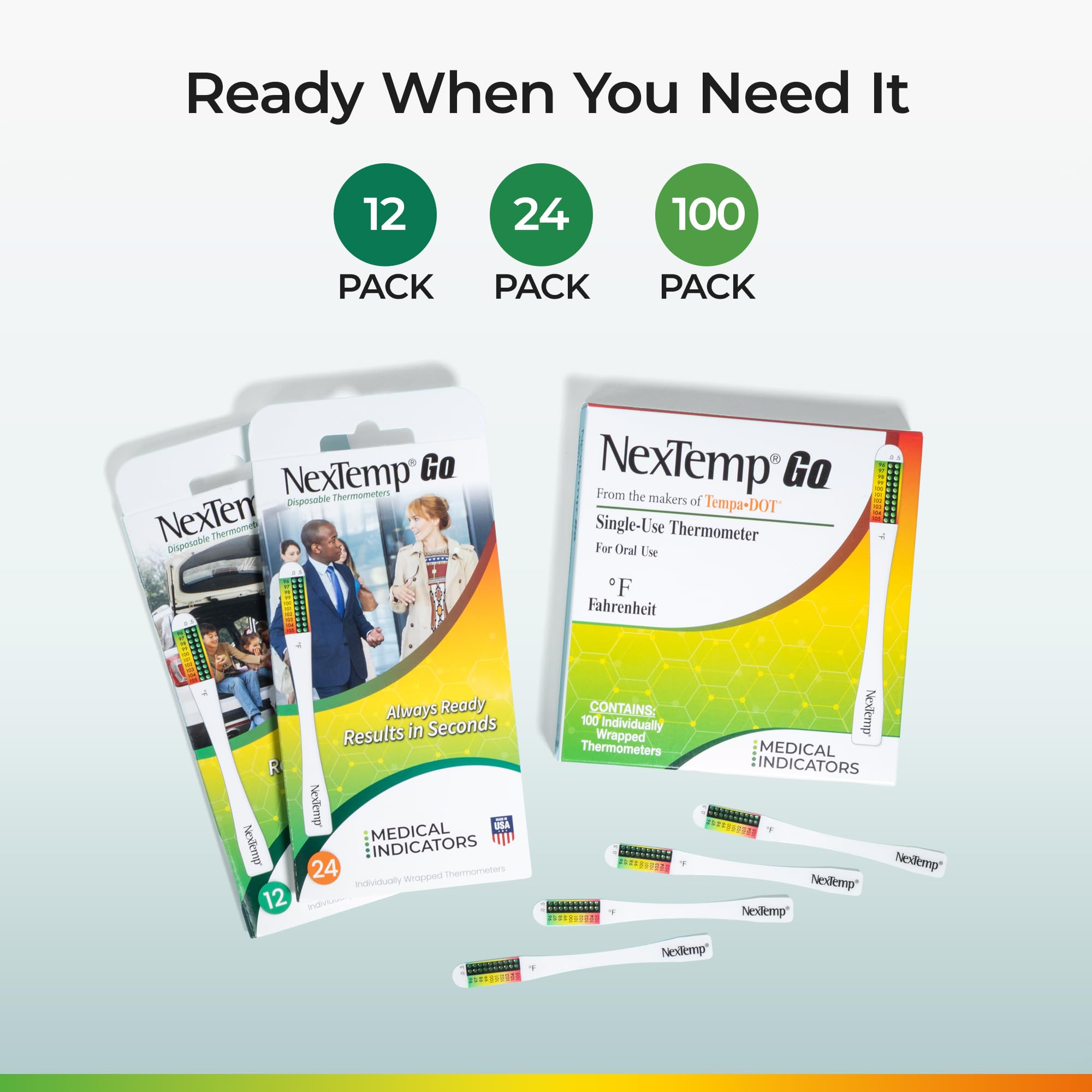 NexTemp Go - Termometro usa e getta (confezione da 100, Fahrenheit), termometro orale per adulti, monouso, senza batteria, igienico, letture accurate in 10 secondi, per casa e viaggio