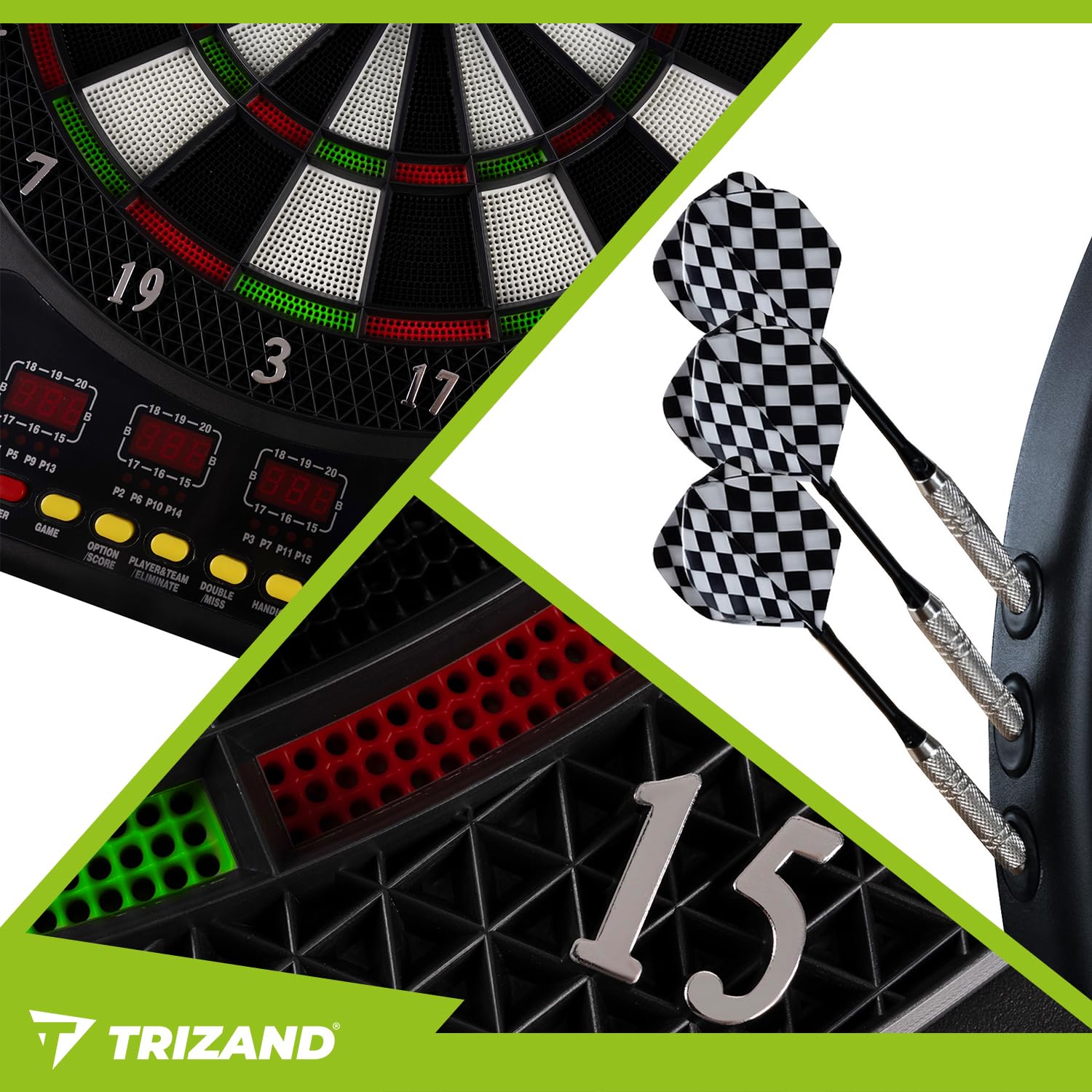 Diana electrónica TRIZAND – 27 juegos, 243 modos – 1 – 16 jugadores – 4 pantallas LCD – Volumen 8 niveles – Juego de puntas suaves: 6 dardos + 24 puntas de repuesto – Red y pilas – Montaje en pared