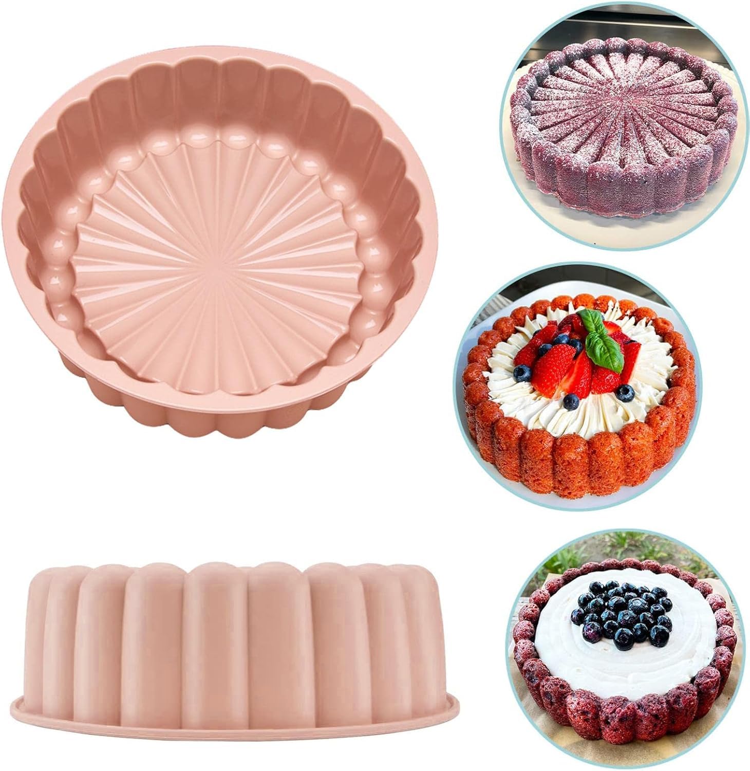 Zhenghebuy Silicone Cake Tins for Baking,Silicone Cake Mould 8 Inch,Charlotte Cake Pan,Cake Tin Non-Stick for Cakes,Muffins,Puddings,Bread(Pink)