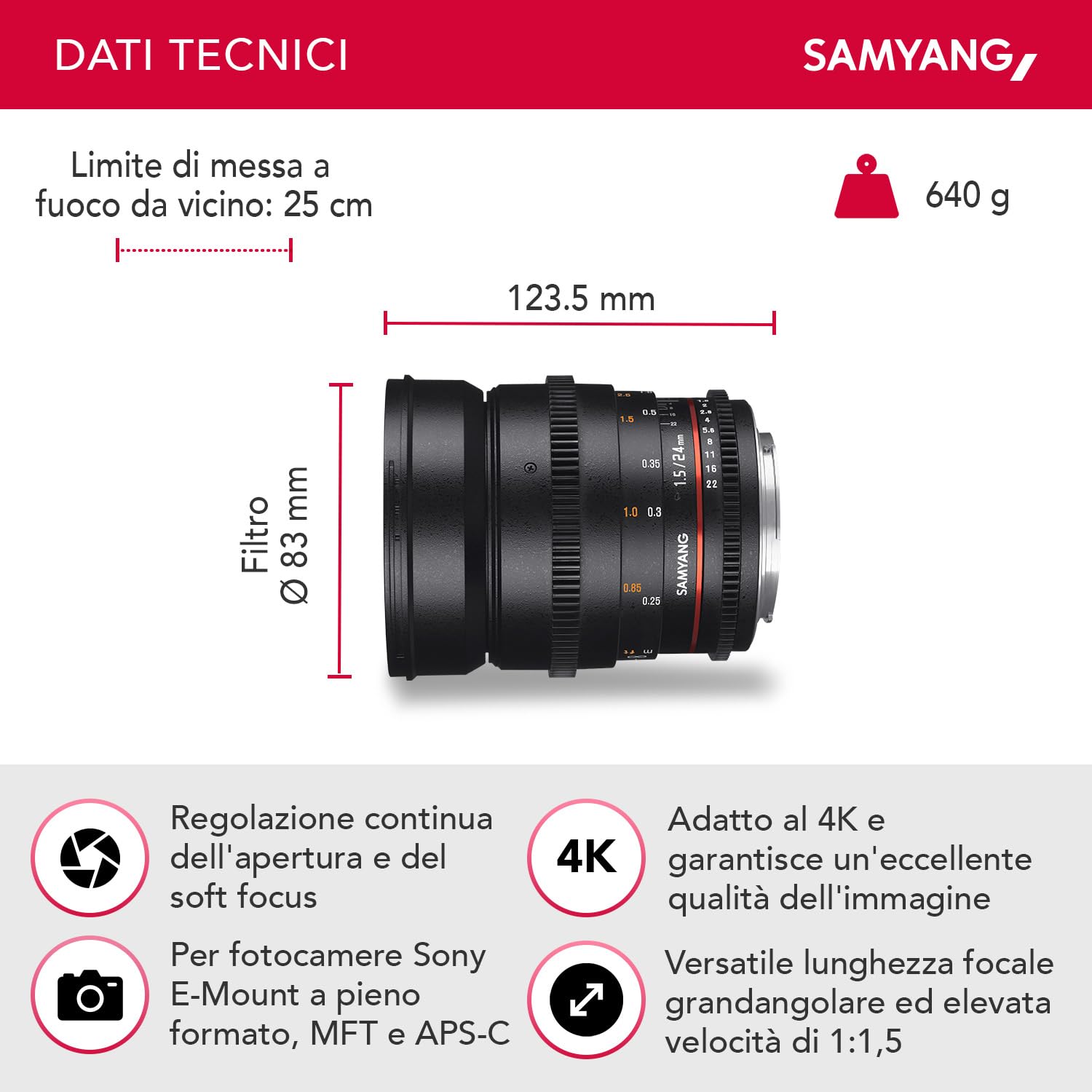 Lente Fisheye Samyang 24mm T1.5 E Mount Black - Dettaglio