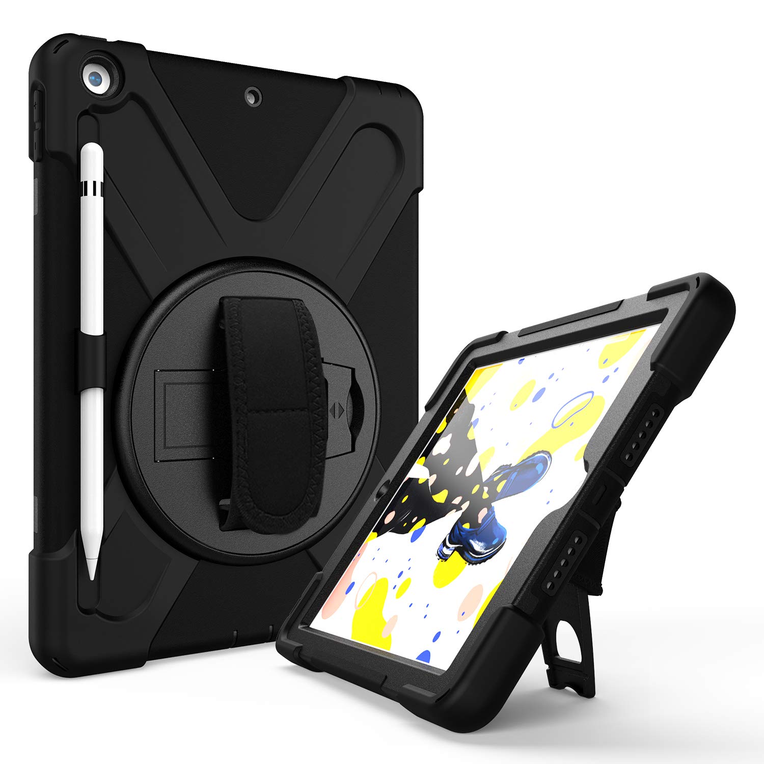 BpoweCase for iPad 9th Gen (2021)/iPad 8th Gen (2020)/iPad 7th Gen (2019),Heavy Duty Rugged Protective Shock Proof Cover Case for Kids with Stand Pencil Holder for iPad 10.2 inch (Black)