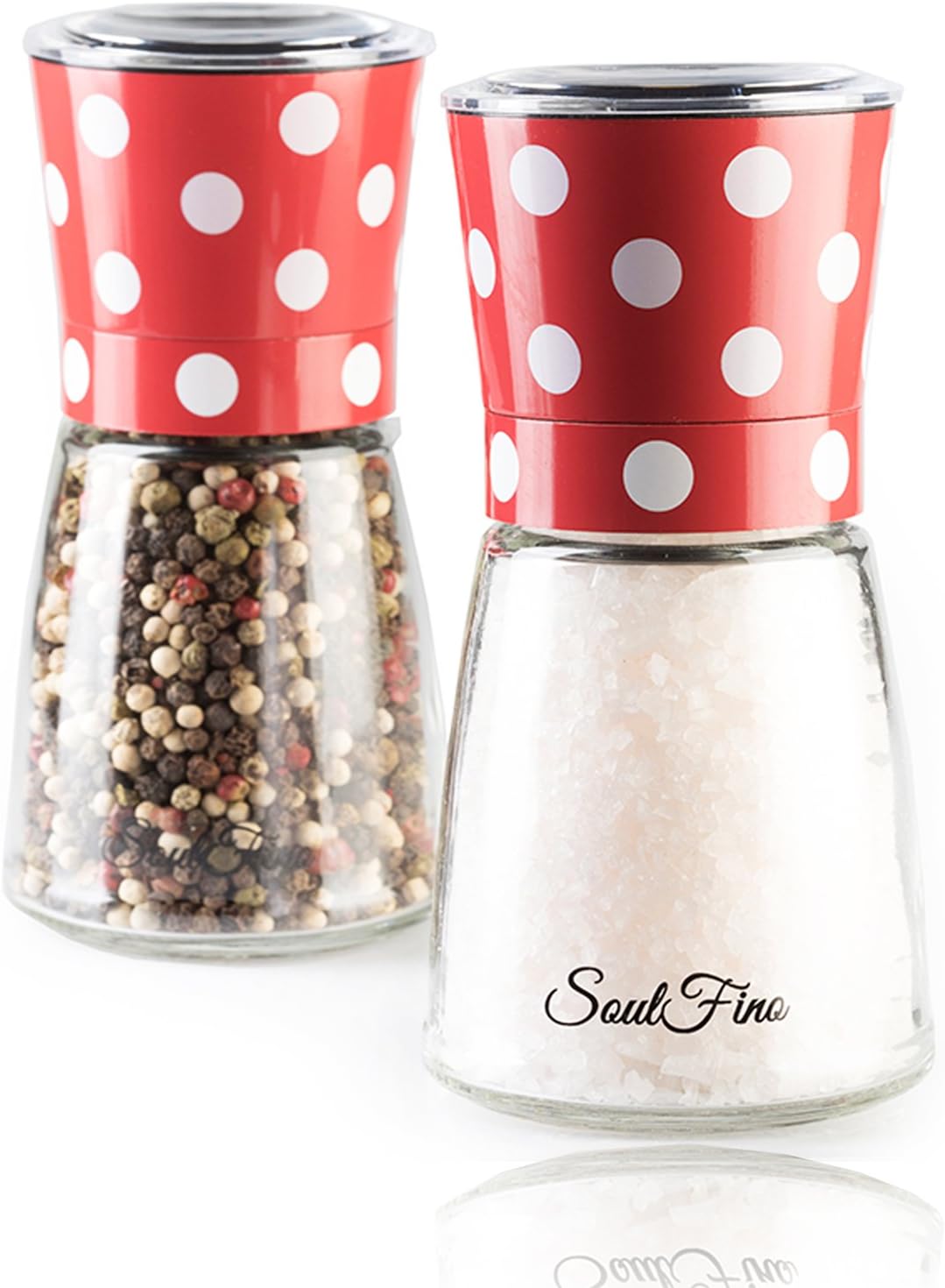 Premium Salt and Pepper Grinder Shaker Set – Retro Design- Adjustable Ceramic Rotor - 5.35" Tall. 5.6 Oz. Salt Mill & Pepper Mill - Recipe EBook Included - Red Polka Dots