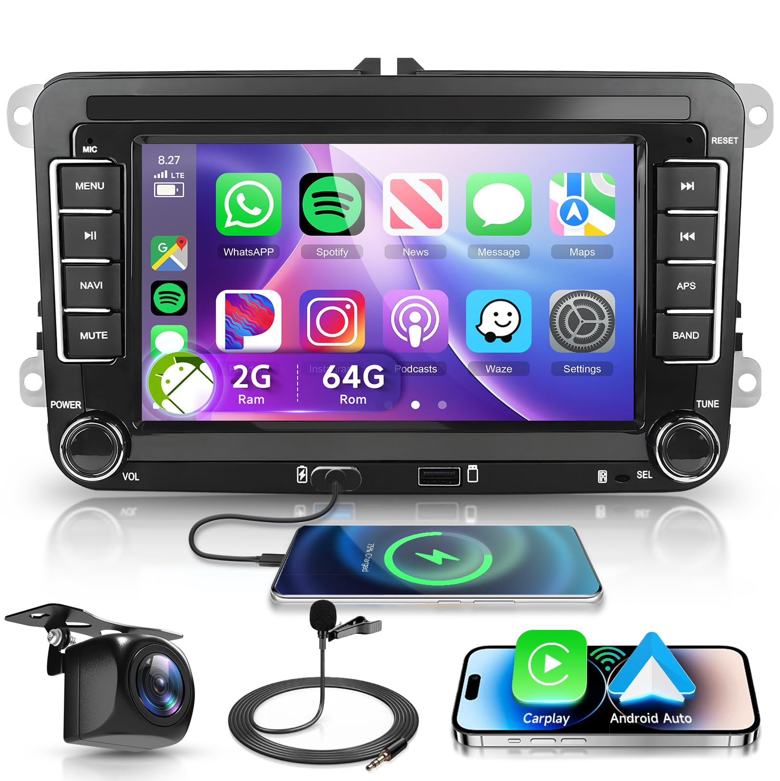 Android for VW Jetta Seat Passat Tiguan CC Golf Skoda Double Din Car Stereo with Apple Carplay(Wireless)/Android Auto 7” HD Touchscreen Headunit GPS WiFi Bluetooth SWC FM with Backup Camera + Mic-image-39