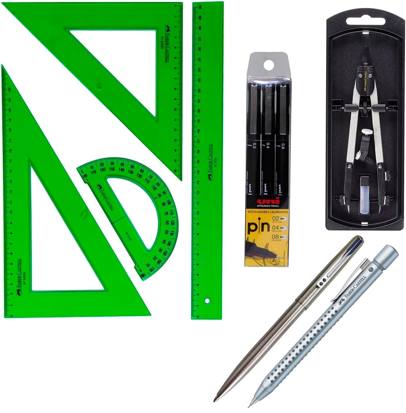 PACK Uni Estuche 3 rotuladores calibrados Uni Pin - 0.2, 0.4, 0.8 mm + FC Juego Reglas Verdes 65021 escuadra, cartabón, regla, semicírculo + Bigotera Compás 32722-8 + REGALO