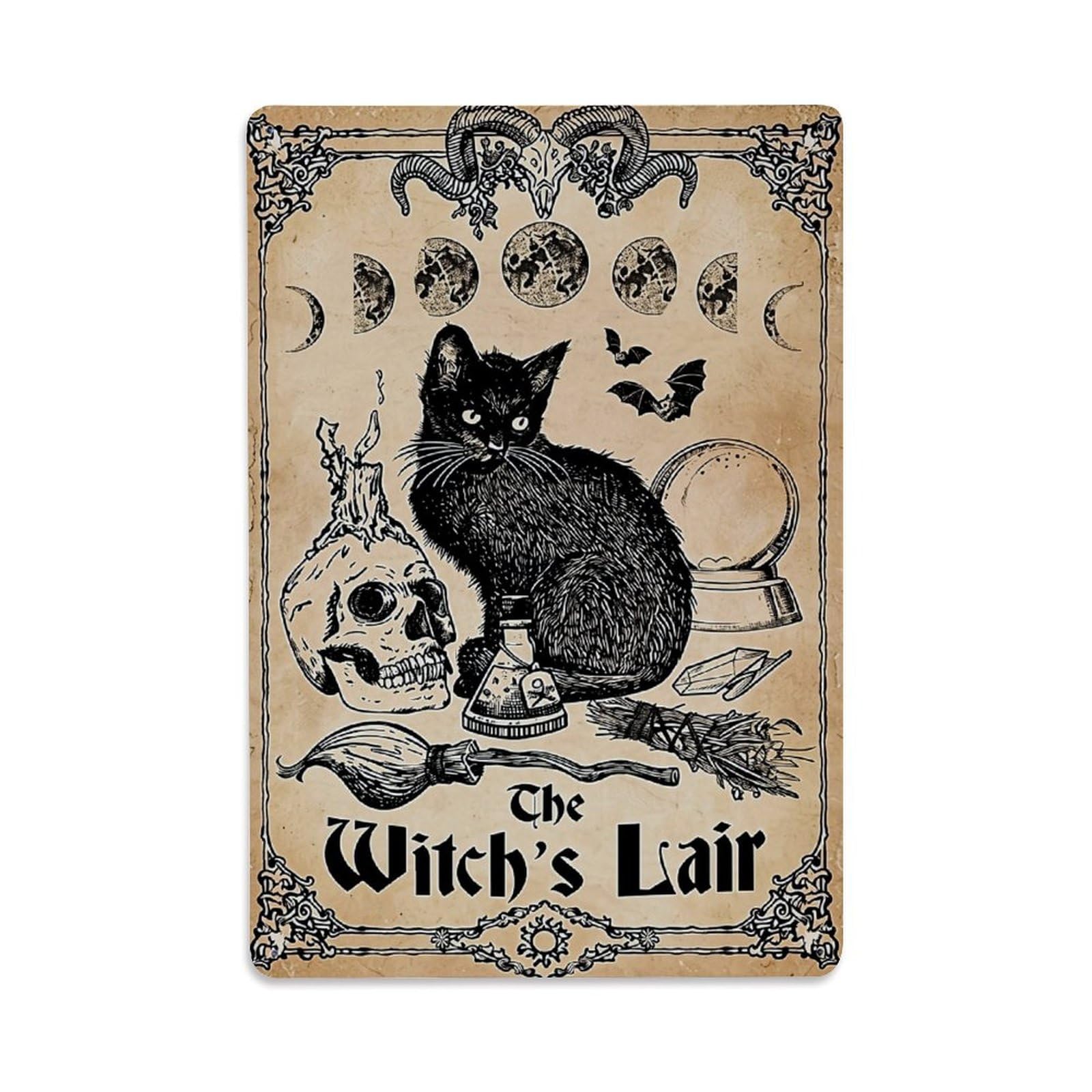 Jdfenggu Vintage Witchs Lair Black Cat Illustration Retro Metal Tin Sign, Metal Poster For Bar, Home, Man Cave, Kitchen, Laundry Room Art Decor 8X12 Inch