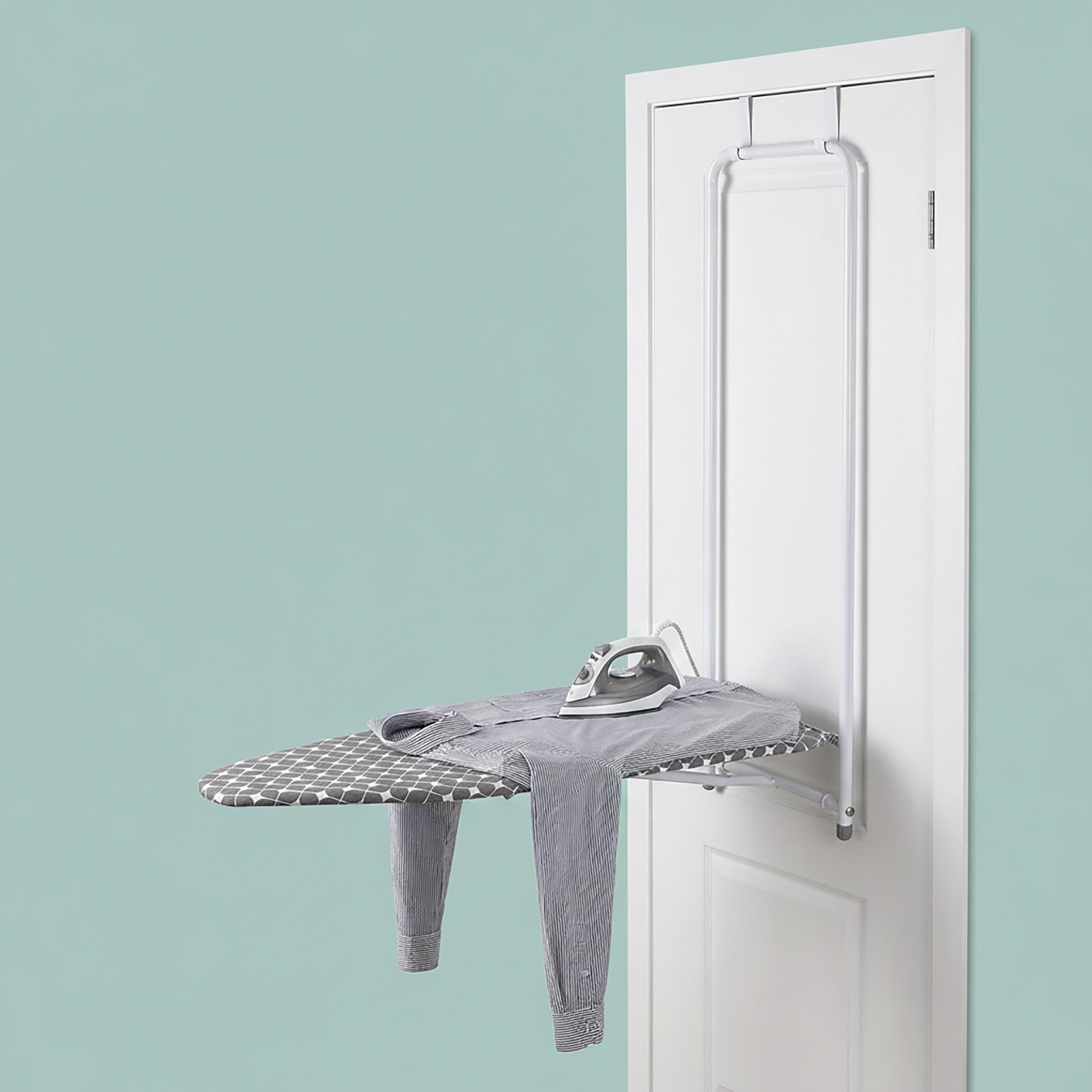 Relaxdays Asse da stiro da montare sulla porta, 108,5x43 cm, bianco/grigio