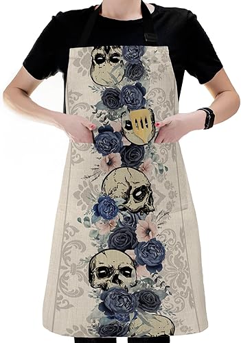Miniatura 6 de Halloween Bib Aprons with Pockets Waterproof, Adjustable Apron for Men Women Horror Skull Blue Flowers Botanical Black Geometric