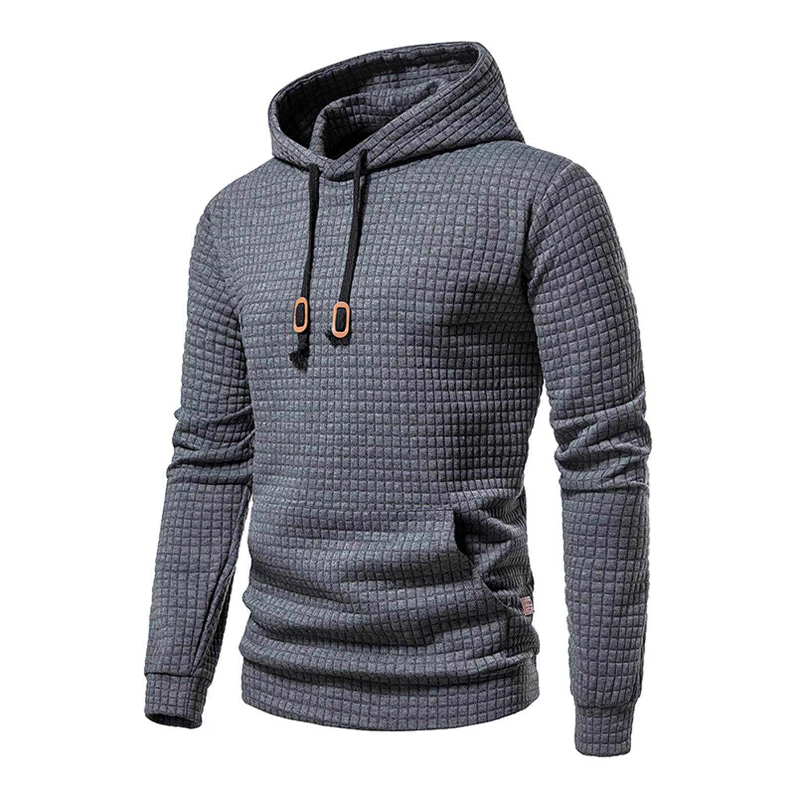 Maiyifu-GJ Men Plaid Jacquard Pullover Hoodies Hipster Lightweight Hooded Sweatshirts Long Sleeve Drawstring Hoodie Outwear (Dark Grey,Large)