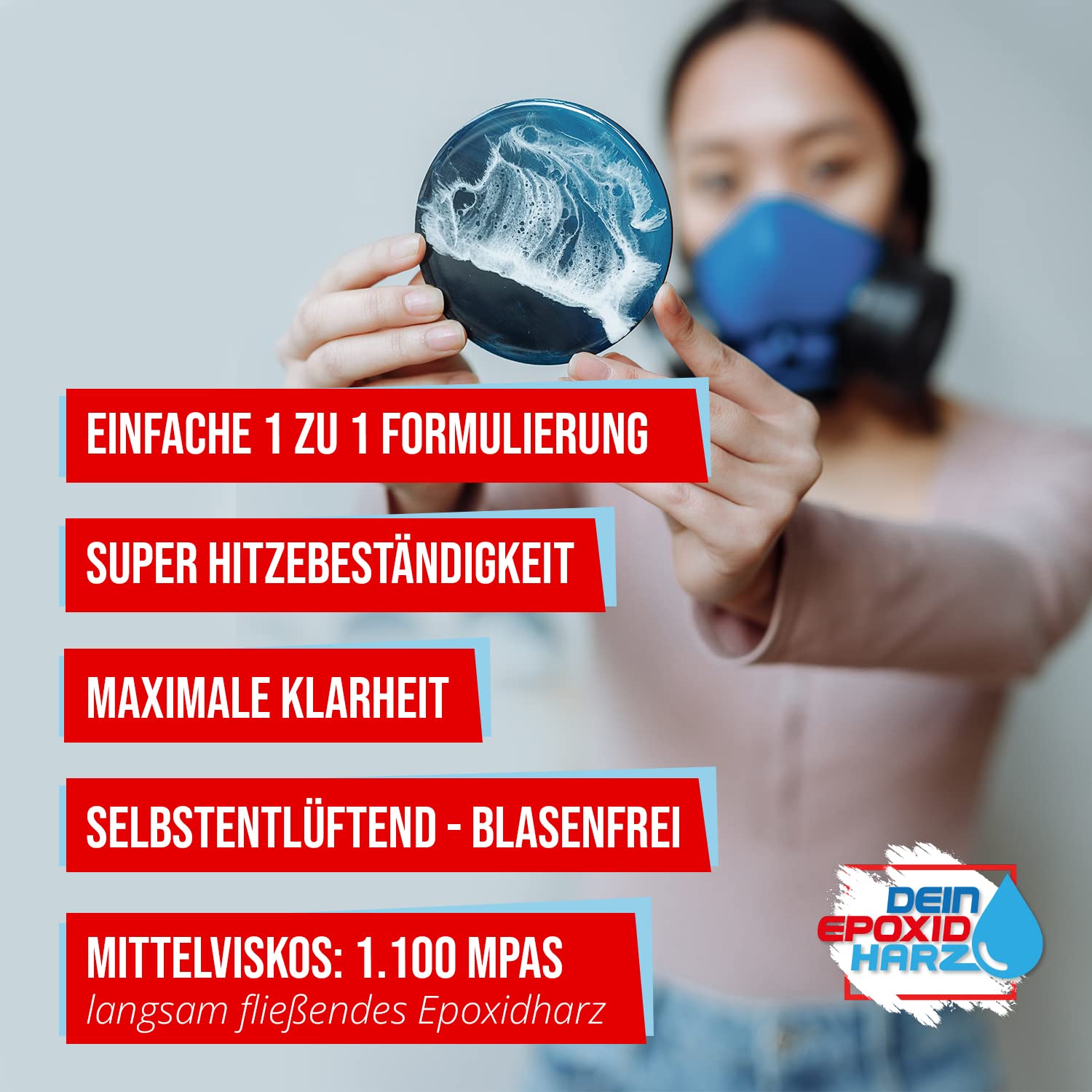 Epoxidharz mit Härter - RESIN ART | 1:1 Formel | 2000ml | Kristallklar, UV-Schutz, Mittelviskos | im Set mit Handschuhe + Rührstab
