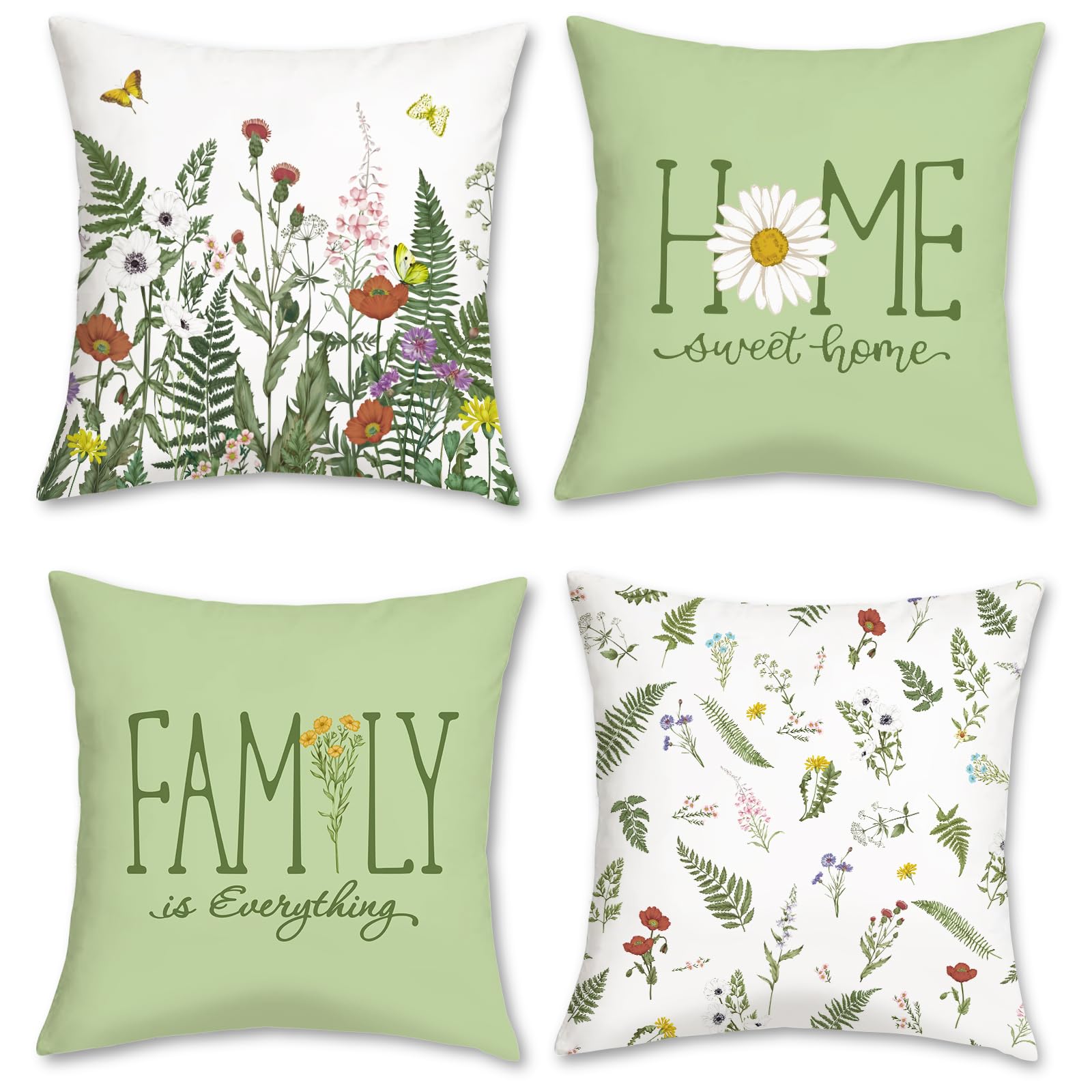 COZZSNUGE Spring Floral Cushion Covers Green Wildflower Leaves Plant Butterfly Velvety Decorative Pillowcases for Sofa Bed Home Patio Outdoor 45 x 45 cm Set of 4