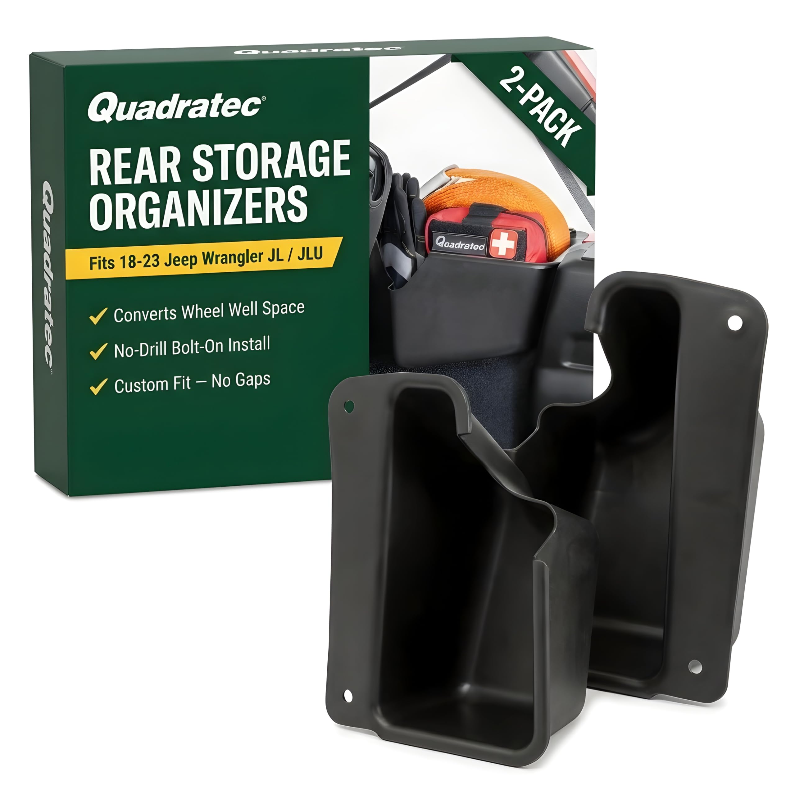 Quadratec Rear Wheel Well Storage Organizer Bin, 2-Piece Set for Left & Right Side - Fits Jeep Wrangler JL Unlimited 4-Door 2018-2022 - Interior Jeep