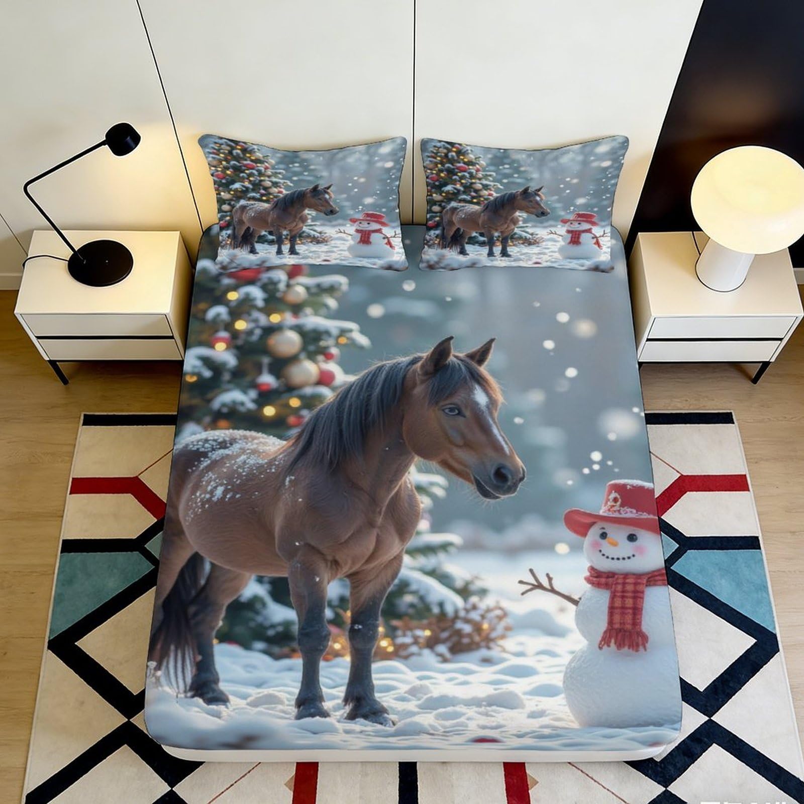 3D Printed Horse Winter Scene Fitted Sheet Microfiber Soft Breathable Snowman Bed Sheet for Bedroom Dormitory Guest Room Mattress Cover Decoration 160x200x25cm