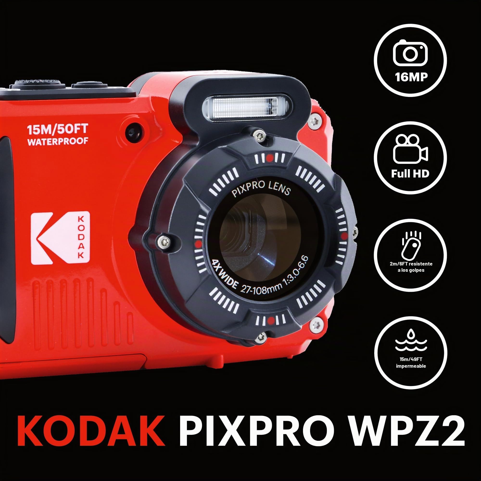 KODAK Pixpro Pack WPZ2 + 2 Batteries + 1 Carte SD - Compact 16M Pixels, Etanche à 15m, Anti-Choc, Video 720p, Ecran LCD 2,7 - Batterie Li-Ion - Rouge