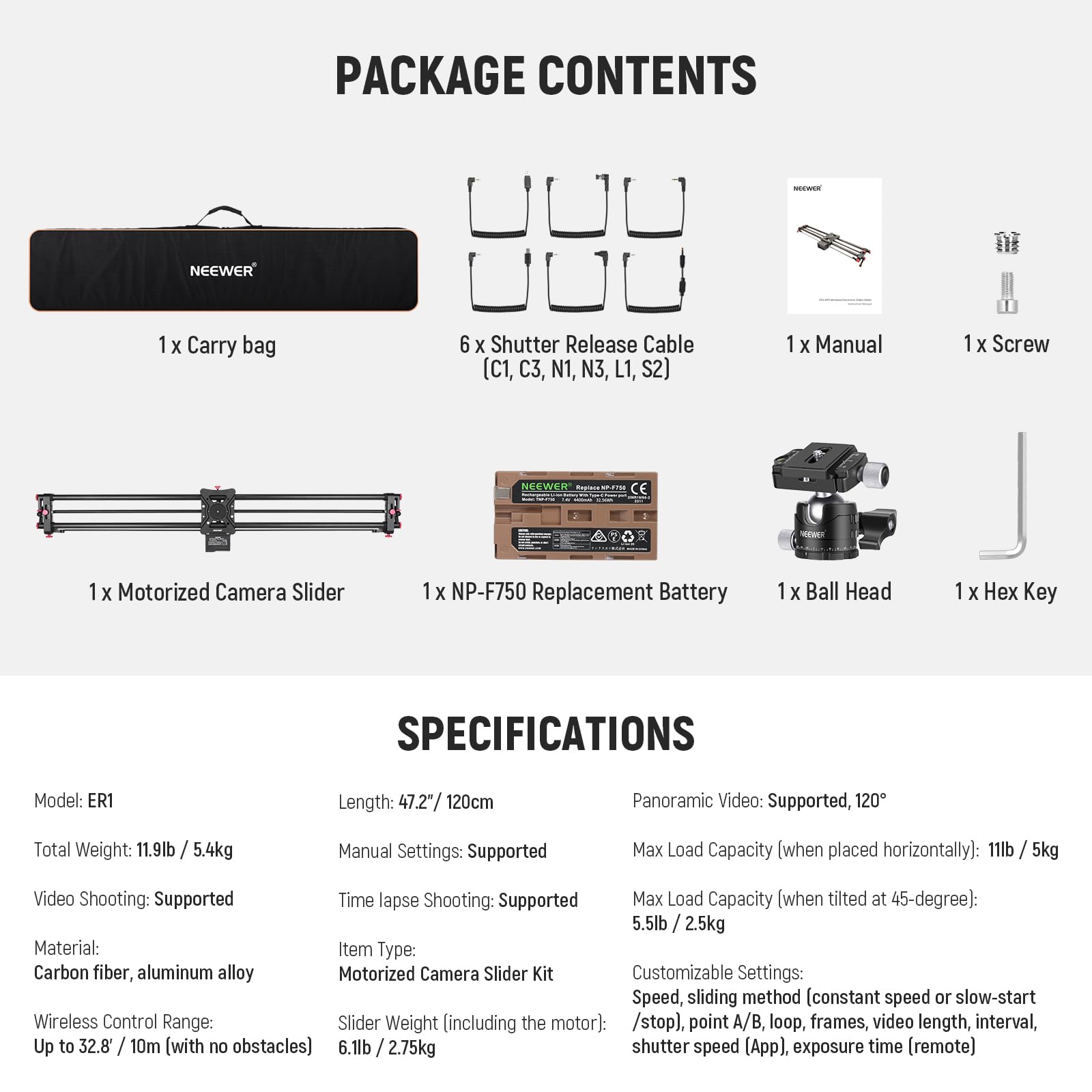 NEEWER 120cm motorisierter Kamera Slider, Drahtlose App Steuerung, Kohlefaser DSLR Dolly Slider mit 4400mAh F750 Akku (Ladegerät Nicht inklusive), unterstützt Video Modus, Zeitraffer Fotografie, ER1