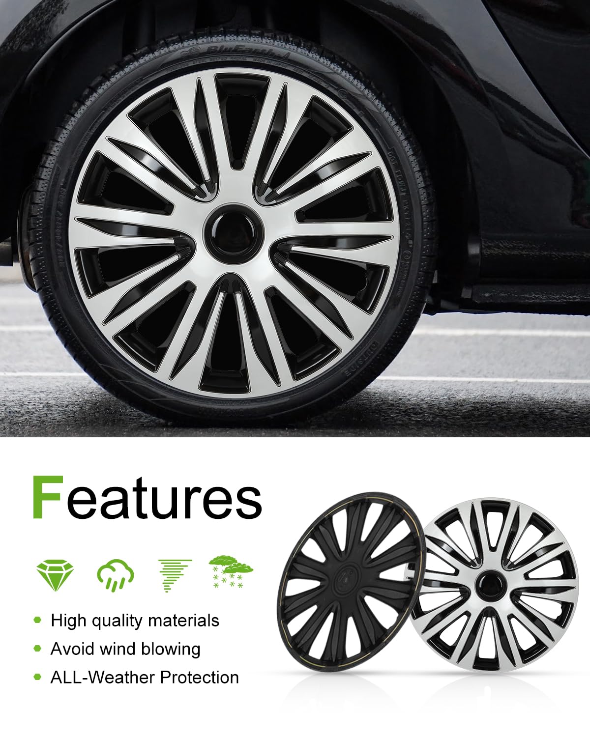 scitoo car wheel rim skin 2 pack15 inch cover hubcap wheel cover replacement r15 hub caps -set of 4 15-inch gloss black & silver