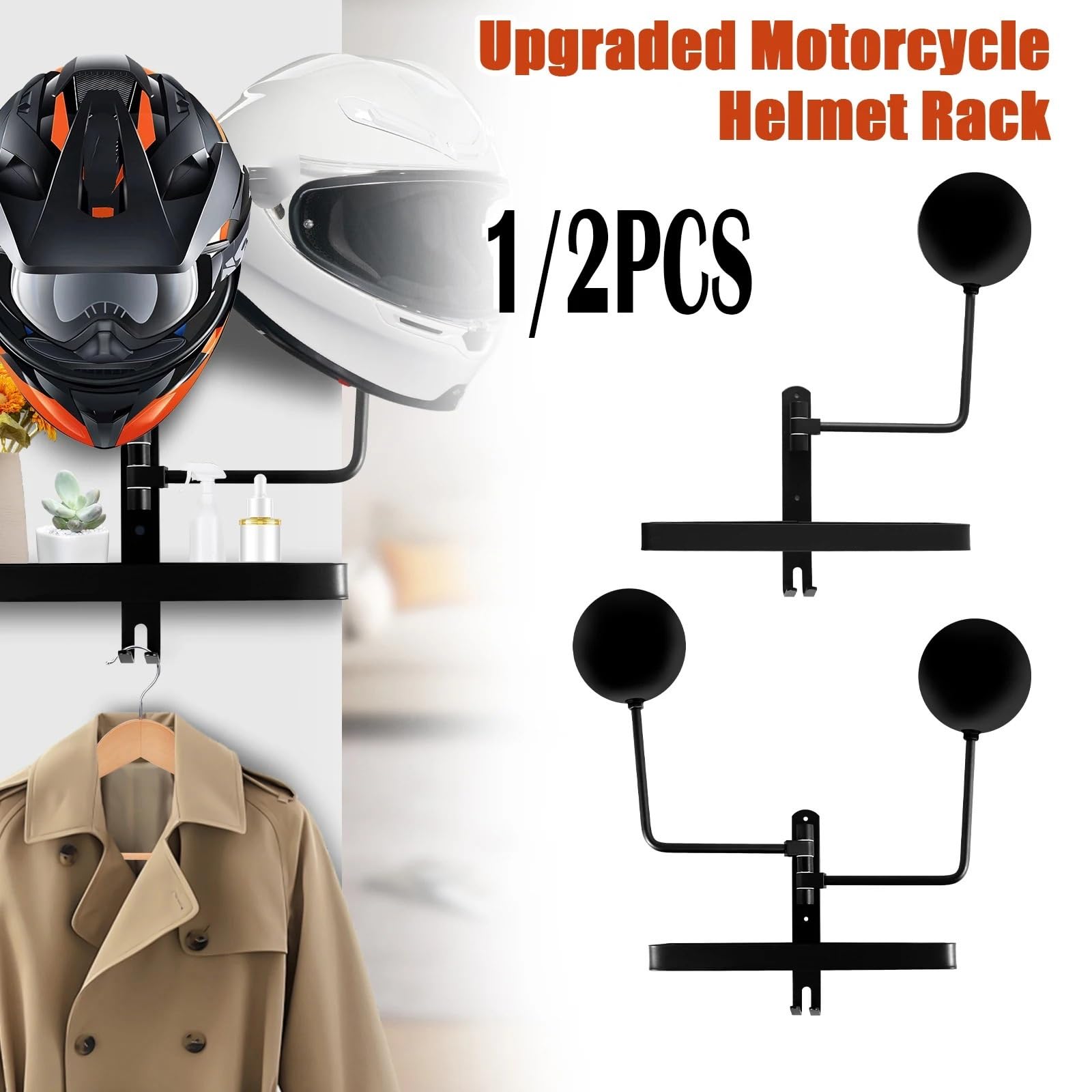 Helmhalterung Wand Motorradhelmständer, Wandhalterung, Helmhalter, 180-Grad-Drehung, Helmaufhänger mit Aufbewahrungsorganisator und Haken