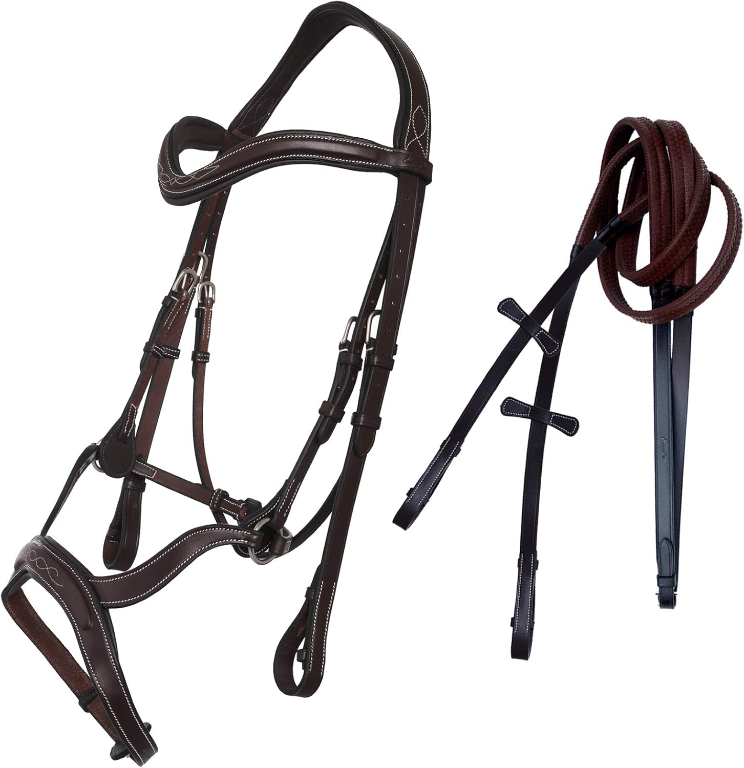 Exion English Jumping Bridle for Horses with Combined Flash Noseband | Anatomical Monocrown Padded Headpiece & Rubber Reins | Black/Brown Show Bridle for Eventing & Training