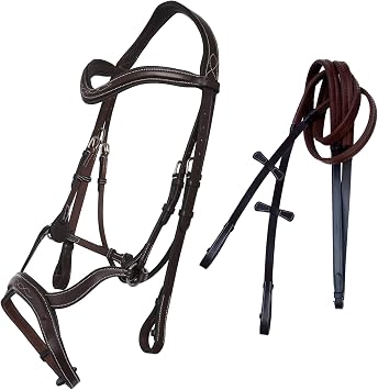 Exion English Jumping Bridle with Flash Noseband for Horses Padded Anatomic Leather Jumper Bridle Set with Rubber Grip Reins Poll Relief Monocrown Tack, Cob Full Warmblood