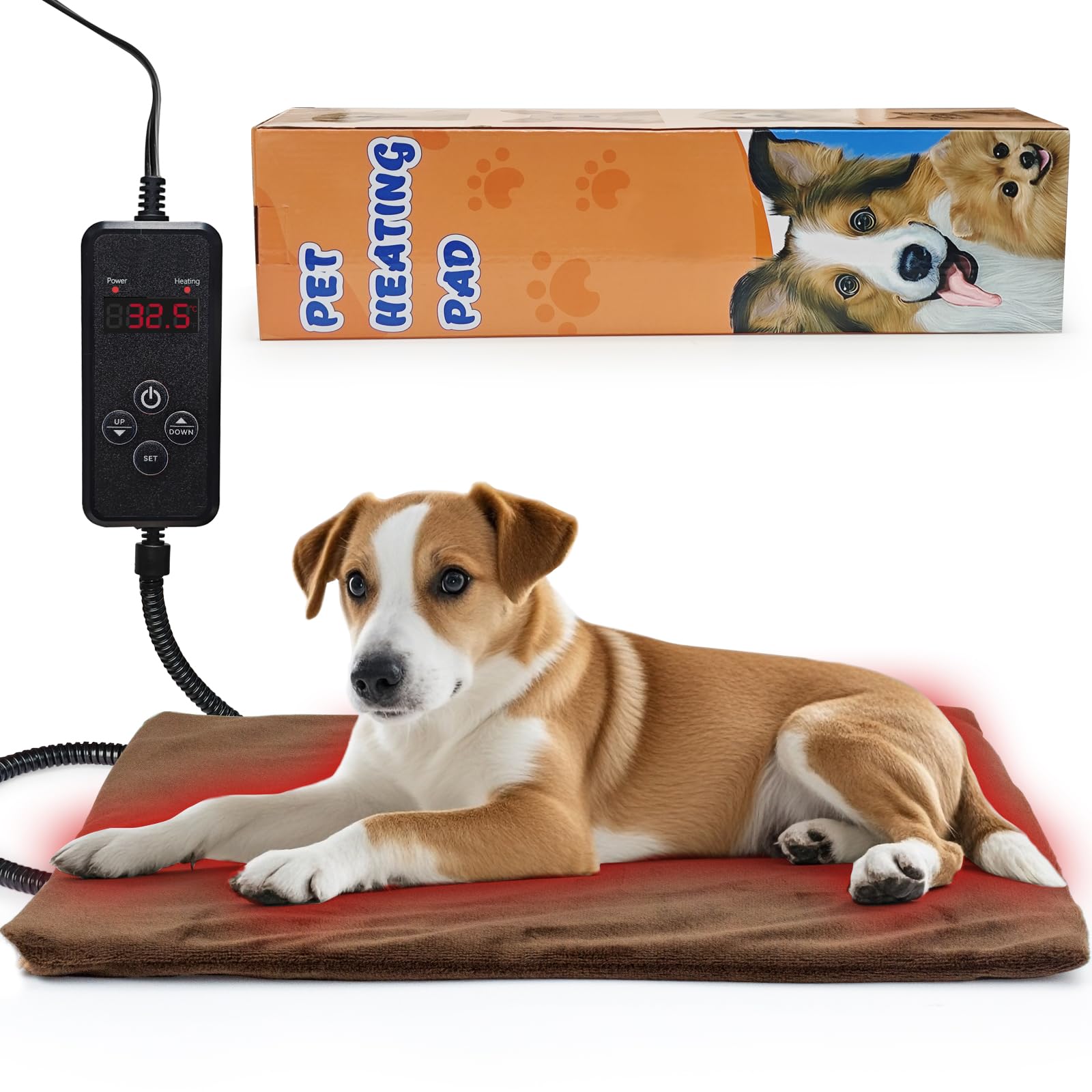NAMOTEK Heizdecke für Haustiere - Temperatur & Timer einstellbar, wasserdichte Wärmematte mit kaufester Leitung, automatische Abschaltung für Hunde & Katzen