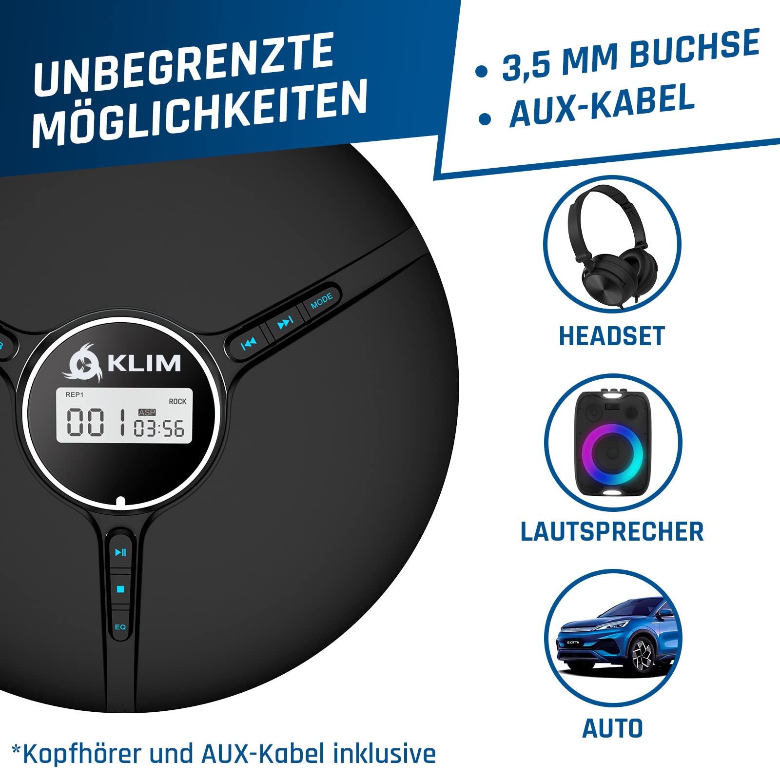 KLIM Discman mit Kopfhörer - Tragbarer CD-Player mit Kopfhörer - mit eingebautem Akku - NEU - Kompakter Mini Portable CD Player, kompatibel mit CDR, CDRW und MP3