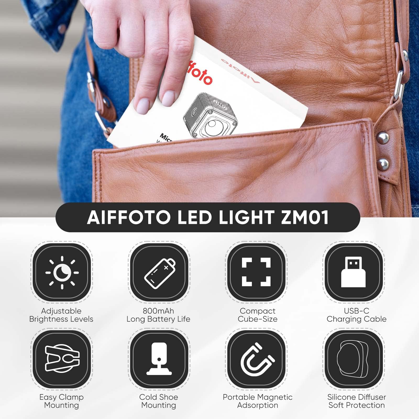 Aiffoto LED Camera Video Light Kit, 800mAh Mini Cube Lights Portable Photography Conference Fill Lighting, with Cold Shoe Mount Clamp Mount and Diffuser (black)