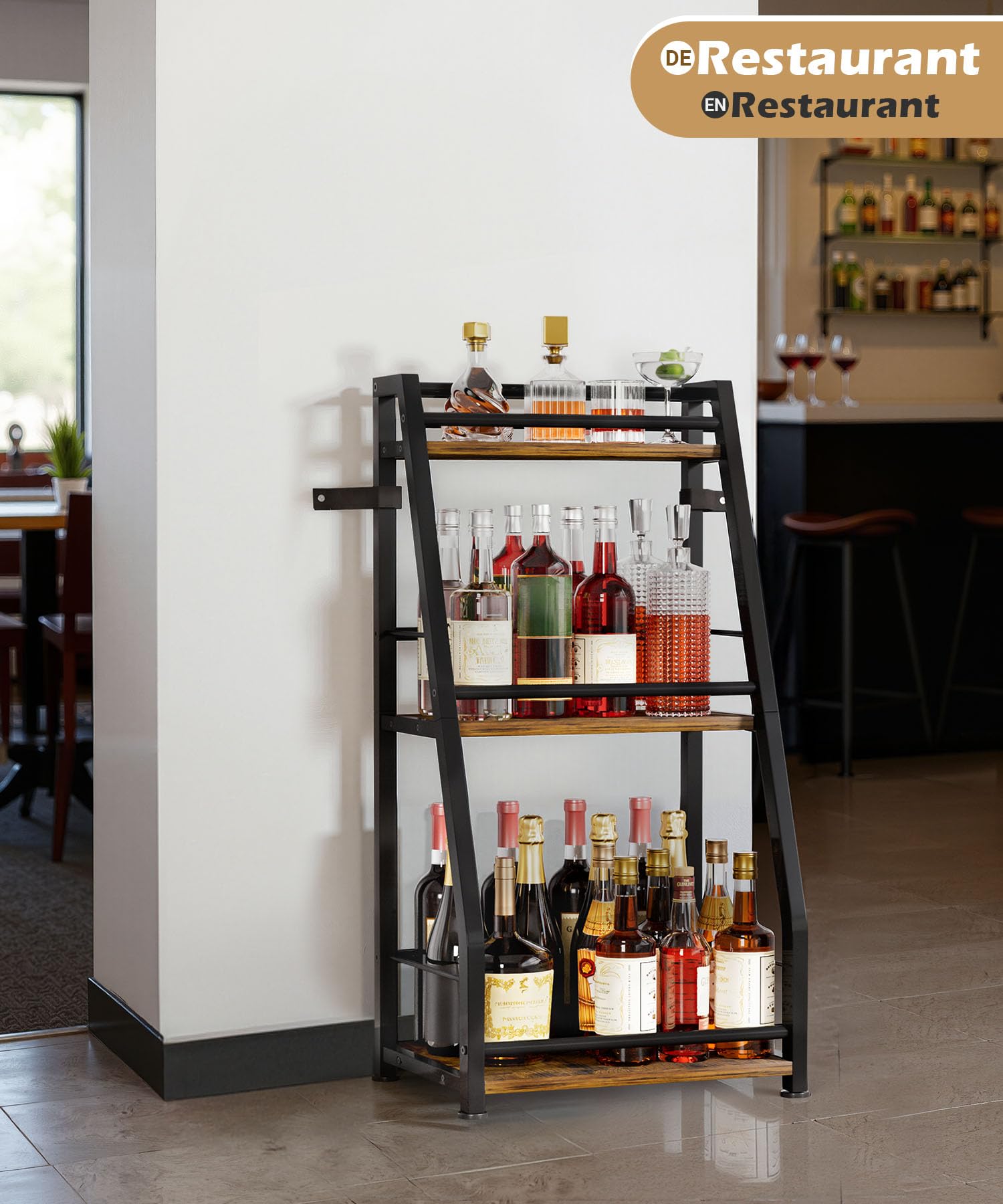 Yorbay 3-Stöckiges Freistehendes Weinregal mit Geländer: Modern Metall-Holz Flaschenregal für Wein und Weingläser - Trapezförmiges Weinflaschenhalter für Bar Küche Esszimmer