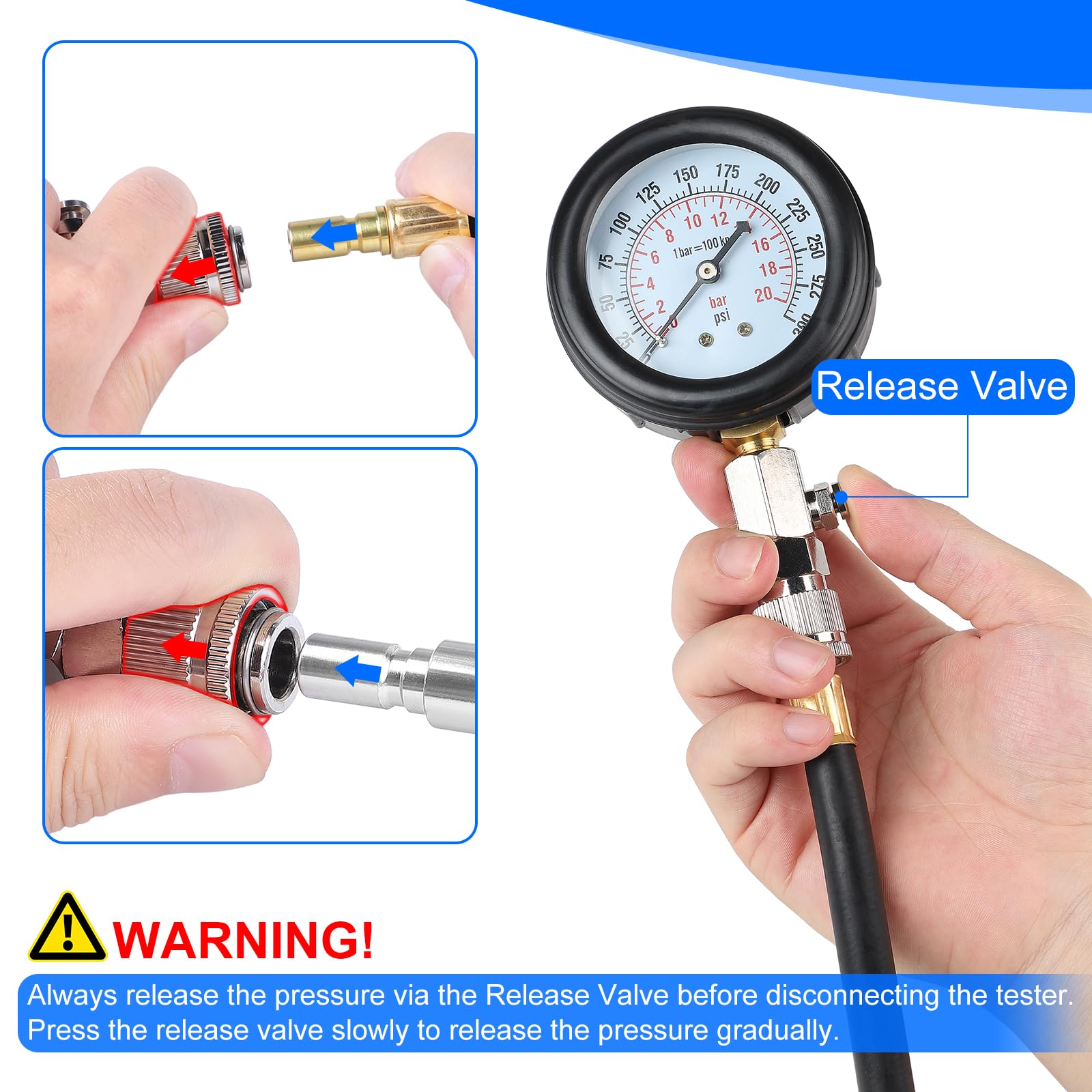 SWAWIS 11 Pezzi Tester di Compressione per Motori a Benzina 0-300 PSI / 0-20 BAR Misuratore di Pressione Cilindri Auto, Strumento Cilindro Compressione Tester Kit