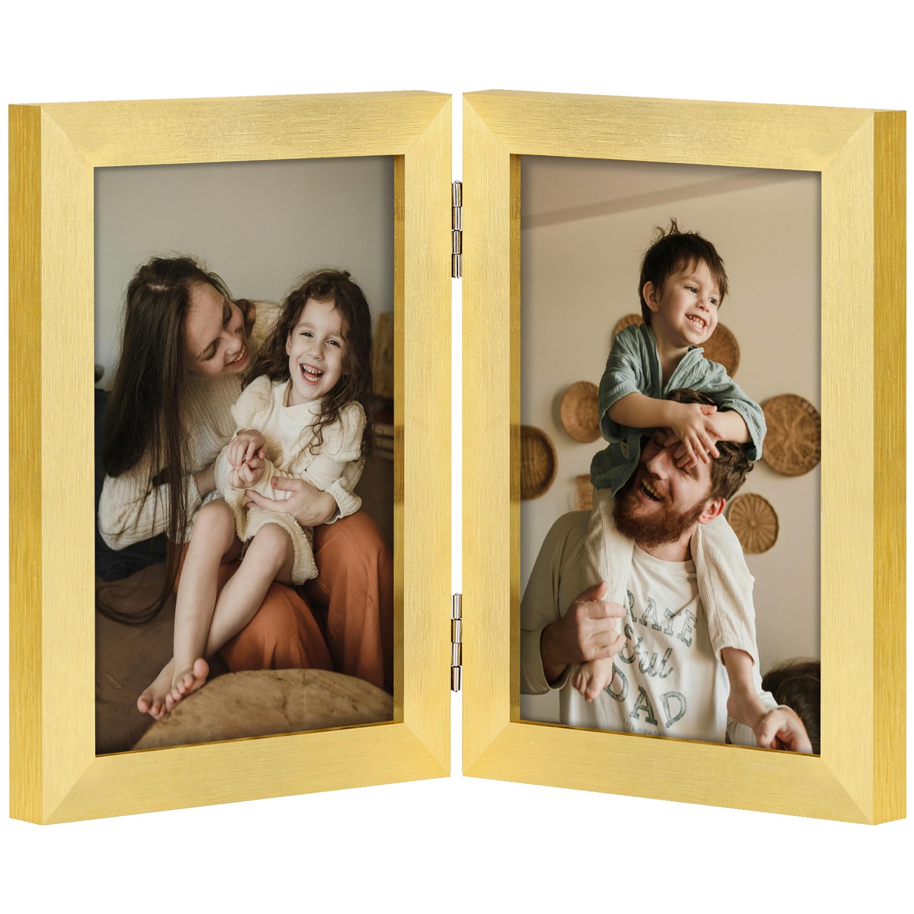 Photo 1 of decorUhome Double 4x6 Picture Frame Vertical, Engineered Wood Bifold Photo Frame with Plexiglass for Tabletop Display, 4x6, Gold