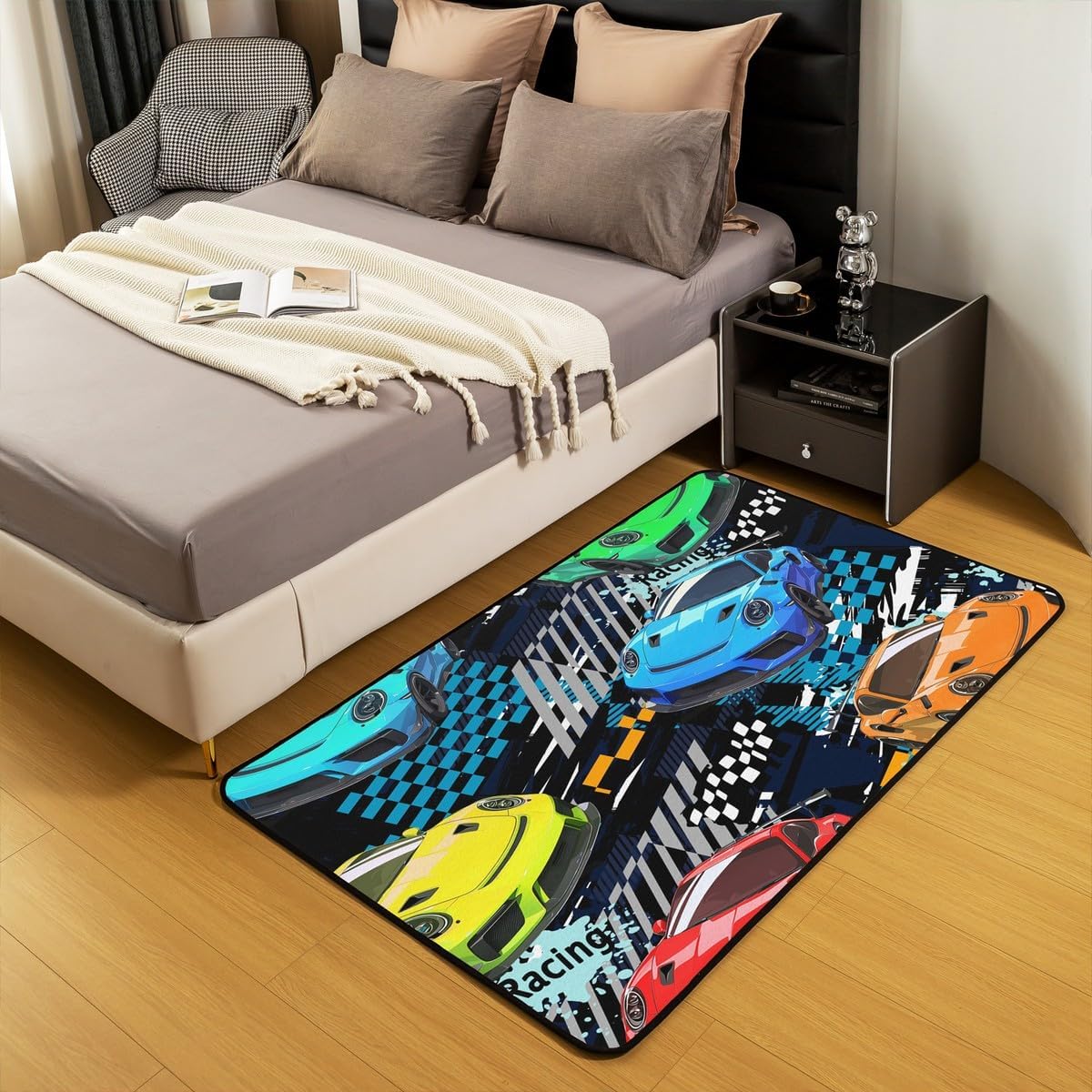 Castle Fairy Racing Cars Area Rug,Kids Teens Colorful Cars Race Game Non Shedding Living Room Rugs for Kids Teens Adult,Abstract Checkers Blue Print Accent Rug for Bedside Living Room Bedroom 3x5