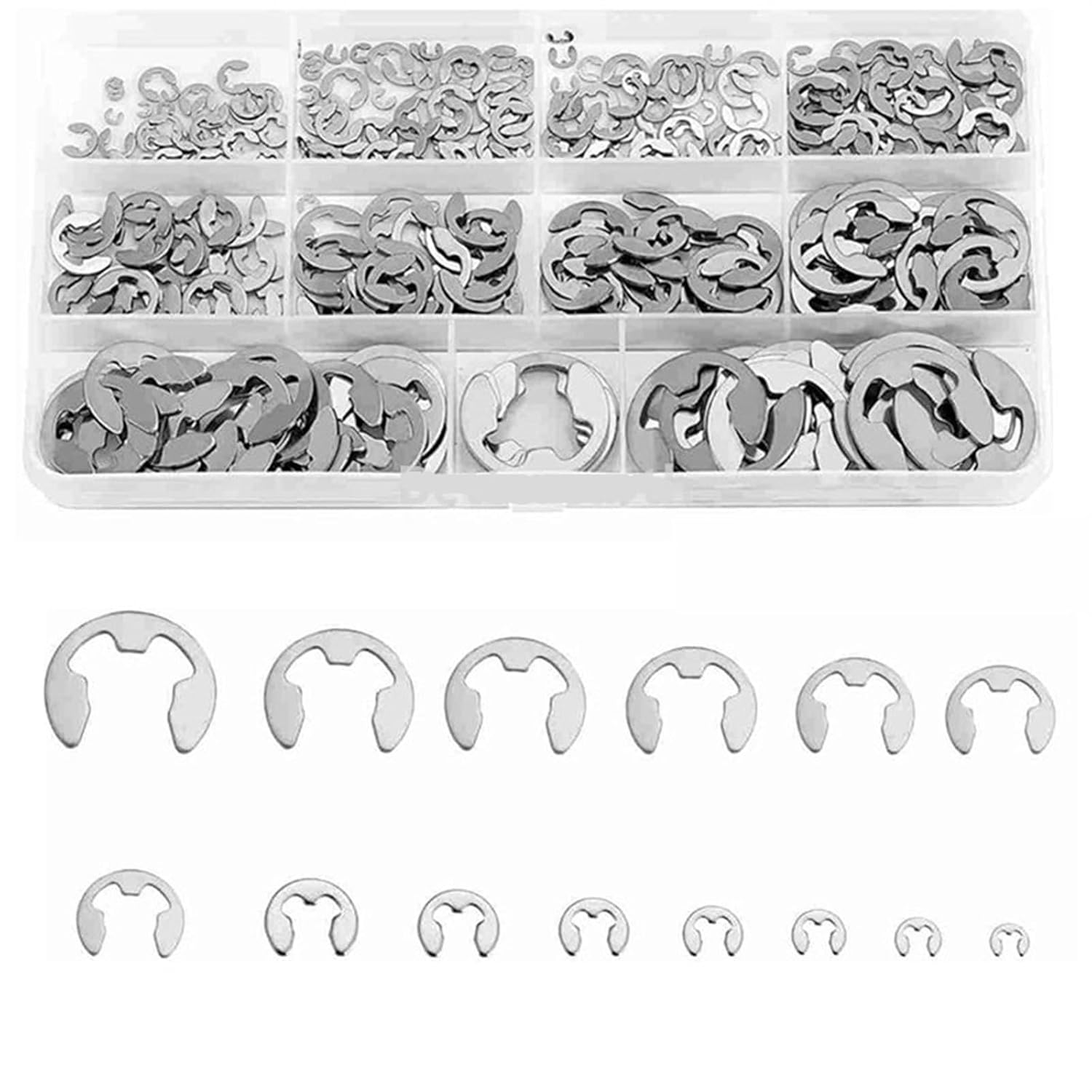 390pcs E Clip circlip Washer Assortment kit 304 Stainless Steel 1.2-15 mm External retaining Ring Clip for Pulleys Shaft
