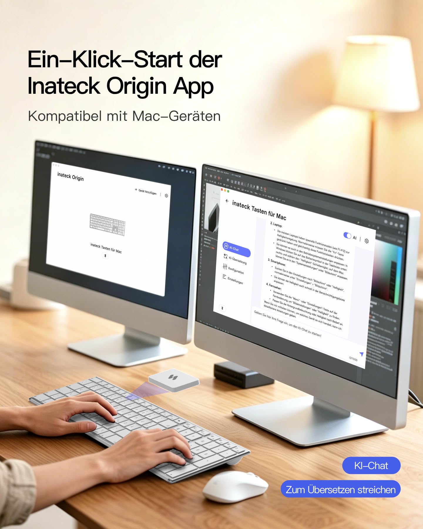Inateck Bluetooth Mac Tastatur,Kabellose Tastatur mit 3 BT Kanälen,QWERTZ Layout,Leise Tasten, KI-Funktion, Kompatibel mit MacBook Pro/Air, iMac, iMac Pro, Mac mini,iPad