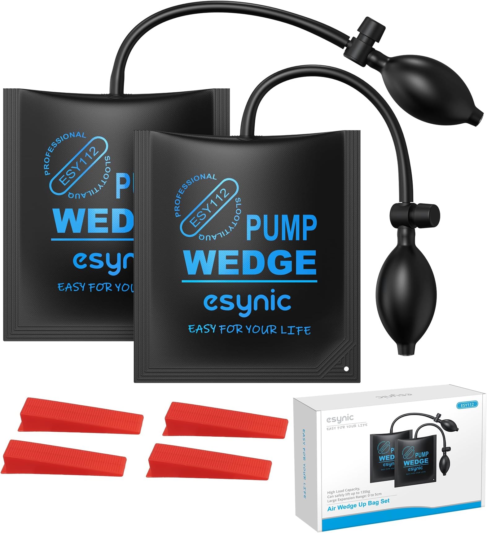 eSynic Durable 2-Pack Air Wedge Bags-Up to 300LB/136KG Capacity Anti-Slip Air Bags for Lifting Tools with 4 Wedges-Heavy-Duty Inflatable Air Shim Tool Set for Door/Window/Furniture Installation