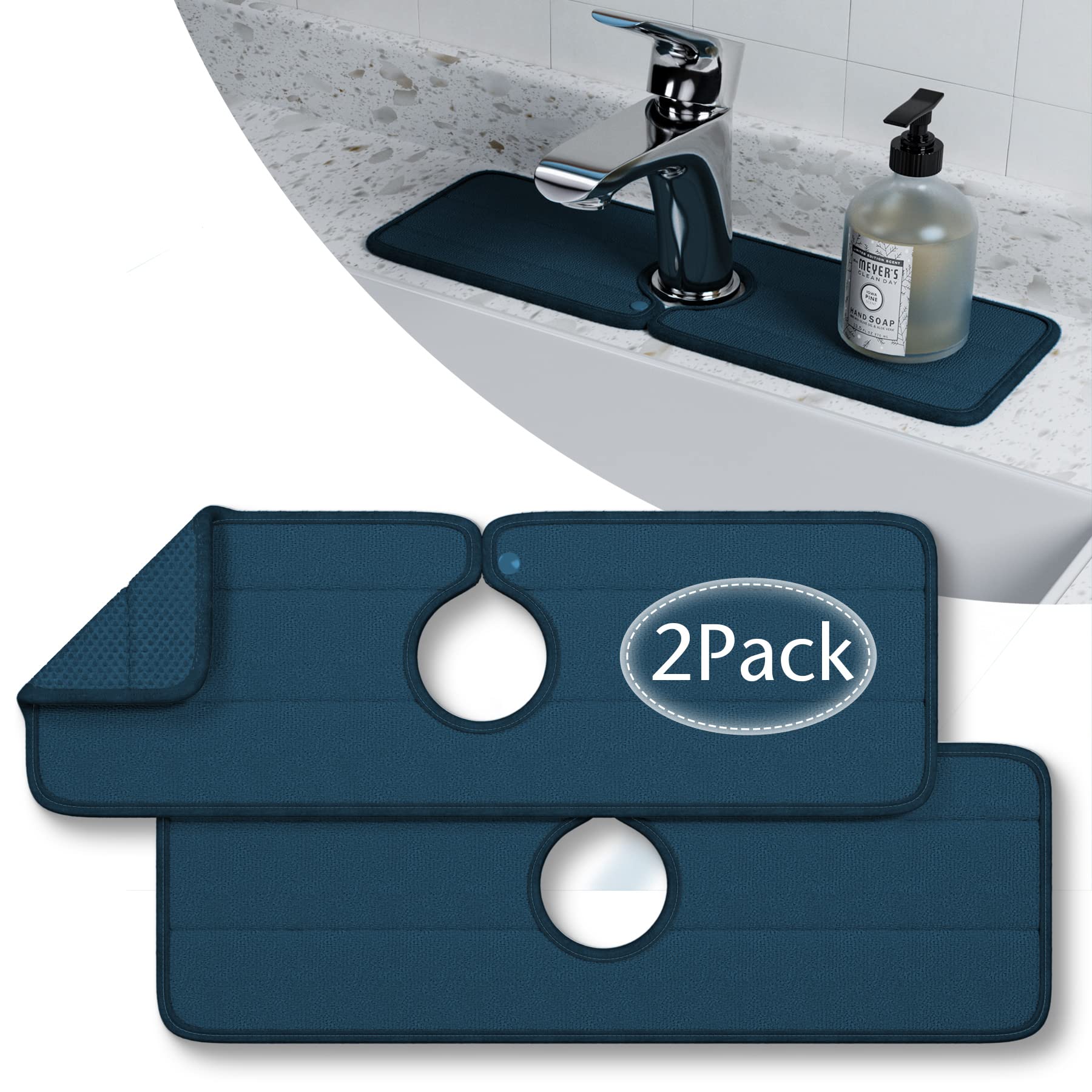 Photo 1 of 2 of- Semounva 2 Pack Faucet Absorbent Mat, Washable Microfiber Faucet Splash Catcher Sink Splash Guard Drying Mat Countertop Protector for Kitchen, Bathroom, Bar, RV(Navy-2 Pack) Medium Navy-2 Pack