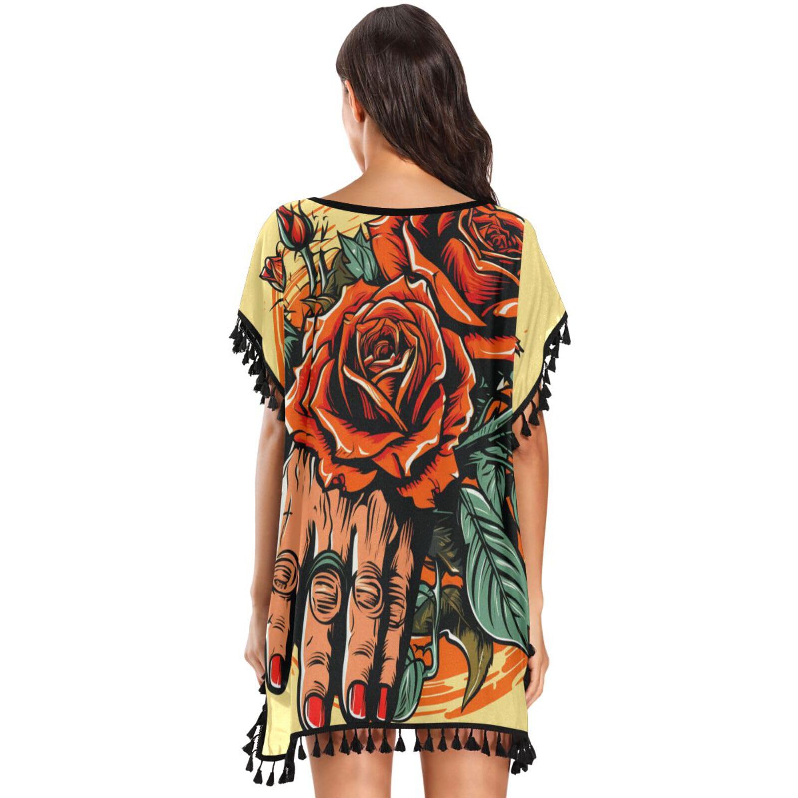 Red Rose Hand Yellow Art Women's Beach Cover Up Chiffon Tassel Swimwear Swimsuit Coverups for Girl