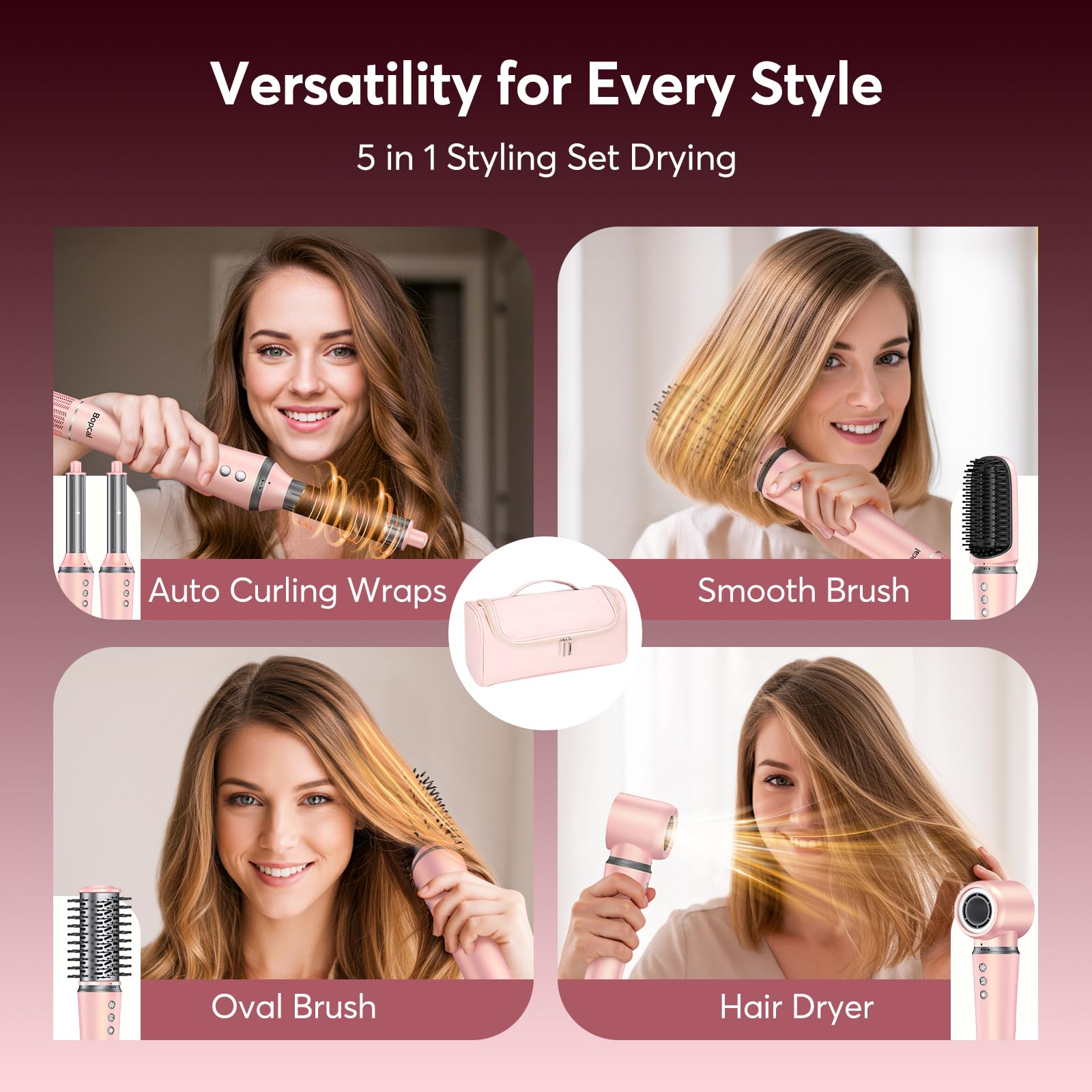 5 w 1 Air Wrap Hair Styler z torbą podróżną - profesjonalna lokówka do zwijania samochodu, wysoka prędkość suszarka do włosów, prostowanie i rozdmuchiwanie pędzla do wielu stylizacji, bez ciepła