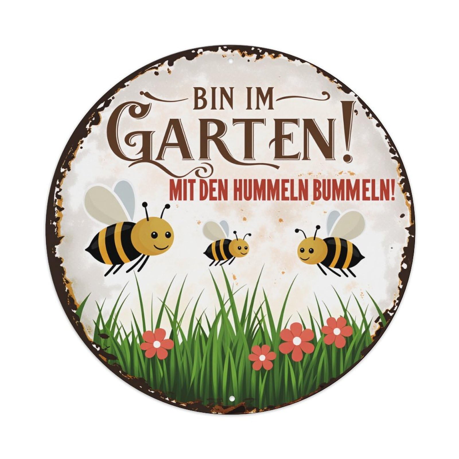 Bee Garden Flowers Grass Hummel Round Tin Sign Vintage Metal Poster Retro Bar, Home, Man Cave, Kitchen, Laundry Room Wall Art Decor Gift 8x8Inch