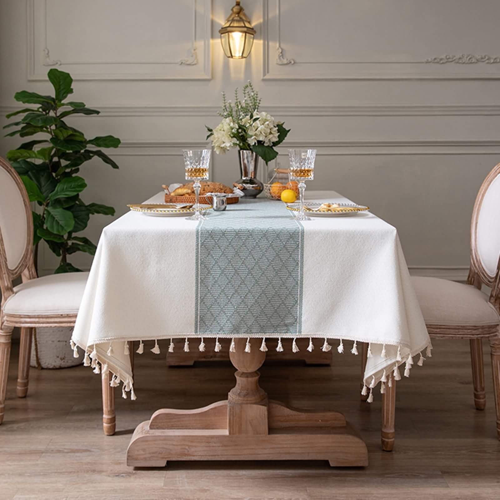 Mantel Moderno Rectangular Blanco, Patrón de Rombos con Borlas, de Poliéster y Algodón Suave, 140 x 220 cm, Mantel para Mesa de Centro