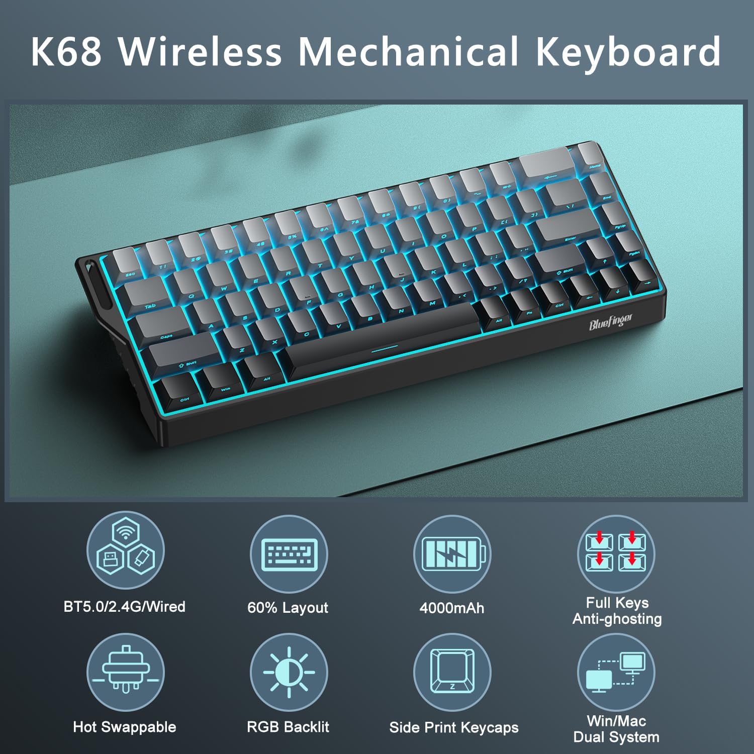BlueFinger 60% Wireless Mechanical Gaming Keyboard, Bluetooth/2.4G/USB-C Hot Swappable RGB Backlit Keyboard with Side-Printed PBT Keycaps, for MAC Xbox PC PS5, Black - Image 2