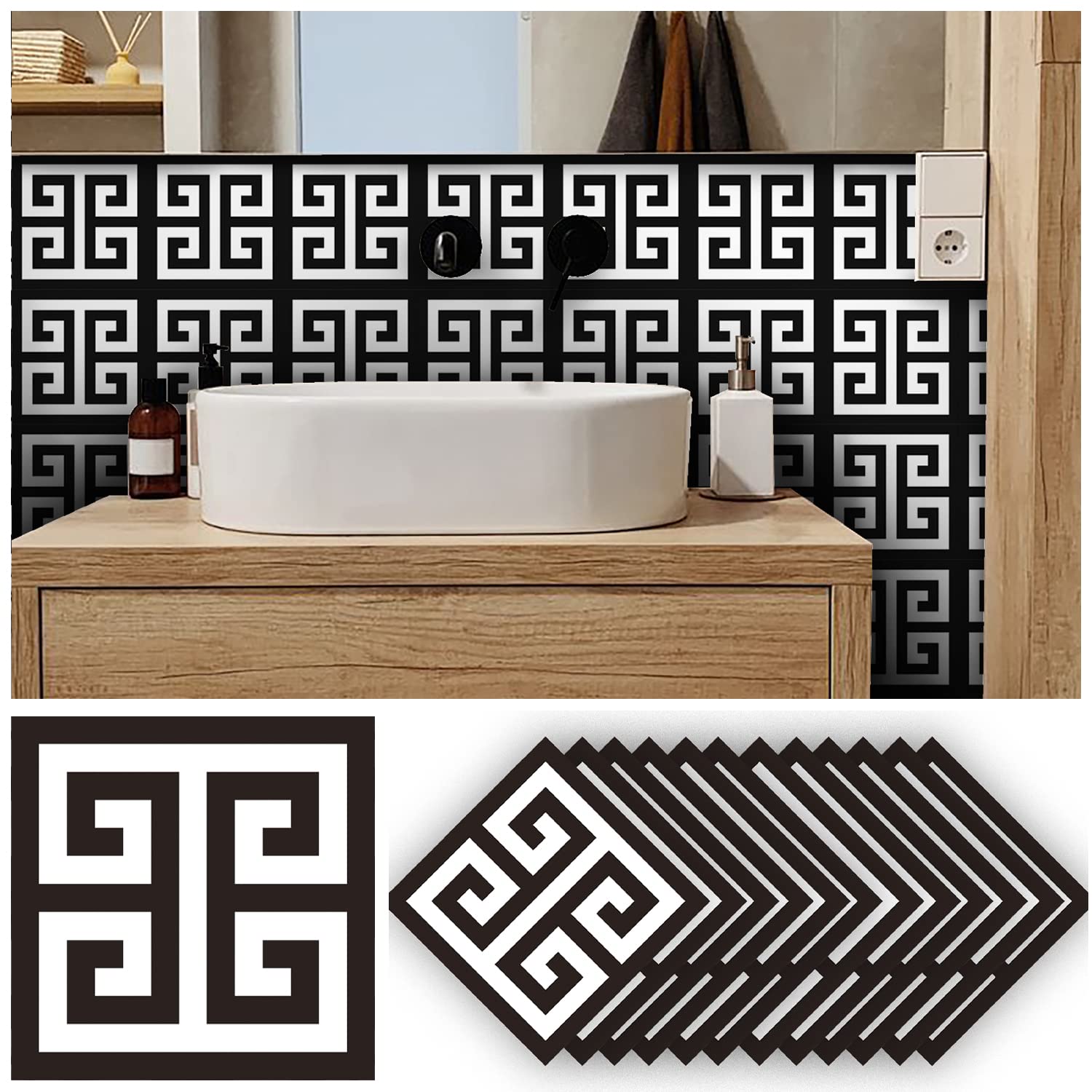 Alwayspon 12Pcs Matte Wall Tile Sticker Transfer Peel and Stick, Self-Adhesive Vinyl Backsplsh Tile Decals for Kitchen Bathroom, 15x15CM/6x6Inch, Black&White Greek Key Geometric, 010