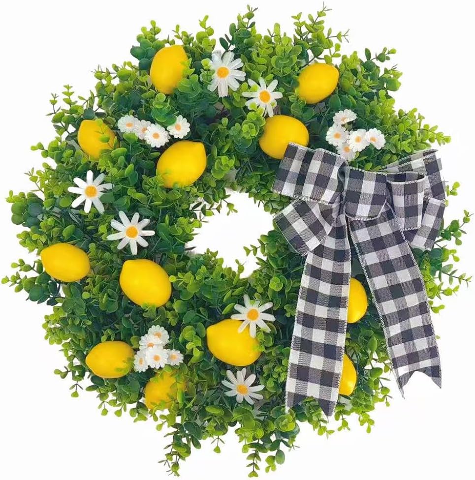 24 Inch Lemon Wreath for Front Door, Spring Summer Wreath for Front Door Wall Window Farmhouse Festival Porch Patio Garden Decor