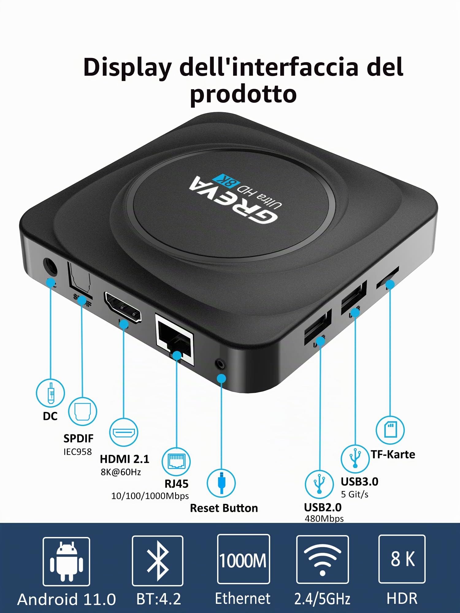 GREVA Android TV Box 11.0, 8K TV Box RK3566 CPU 4GB RAM 32GB ROM Supporto 100/1000M LAN Enternet 2.4G/5.8G WiFi BT 5.0 USB 2.0/3.0 Smart TV Box