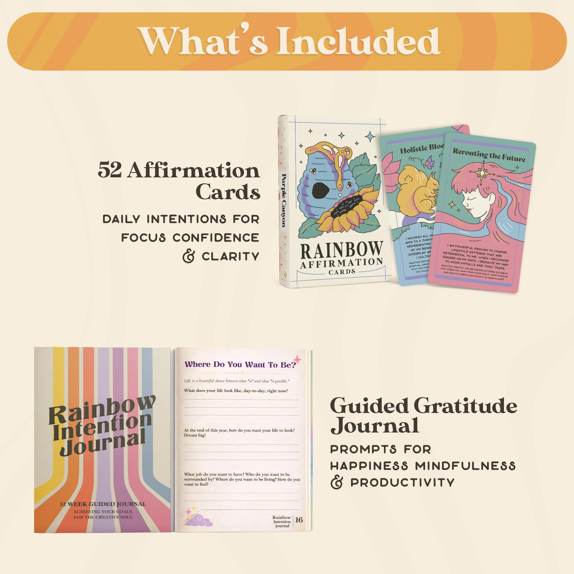 PURPLE CANYON Intention Journal & Rainbow Affirmation Deck - Diario di gratitudine guidato di 52 settimane con meditazioni, impostazione degli obiettivi e carte di consapevolezza quotidiana