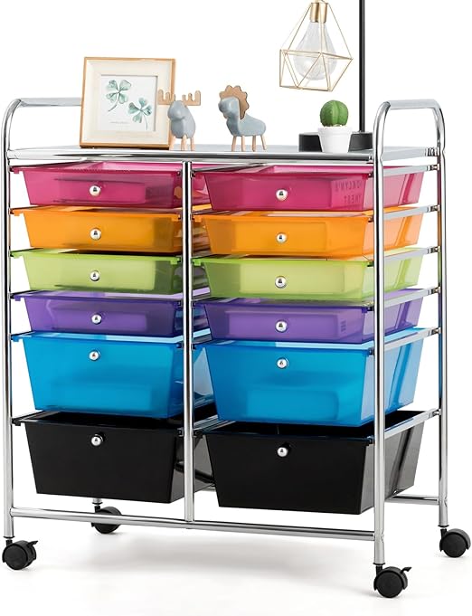 Storage Cart, 12 Drawer Rolling Organizer Cart with Large Capacity, Portable Carrying Handle & Lockable Wheels, Utility Cart for Tool Home Office School Beauty Salon Art Craft (Rainbow)