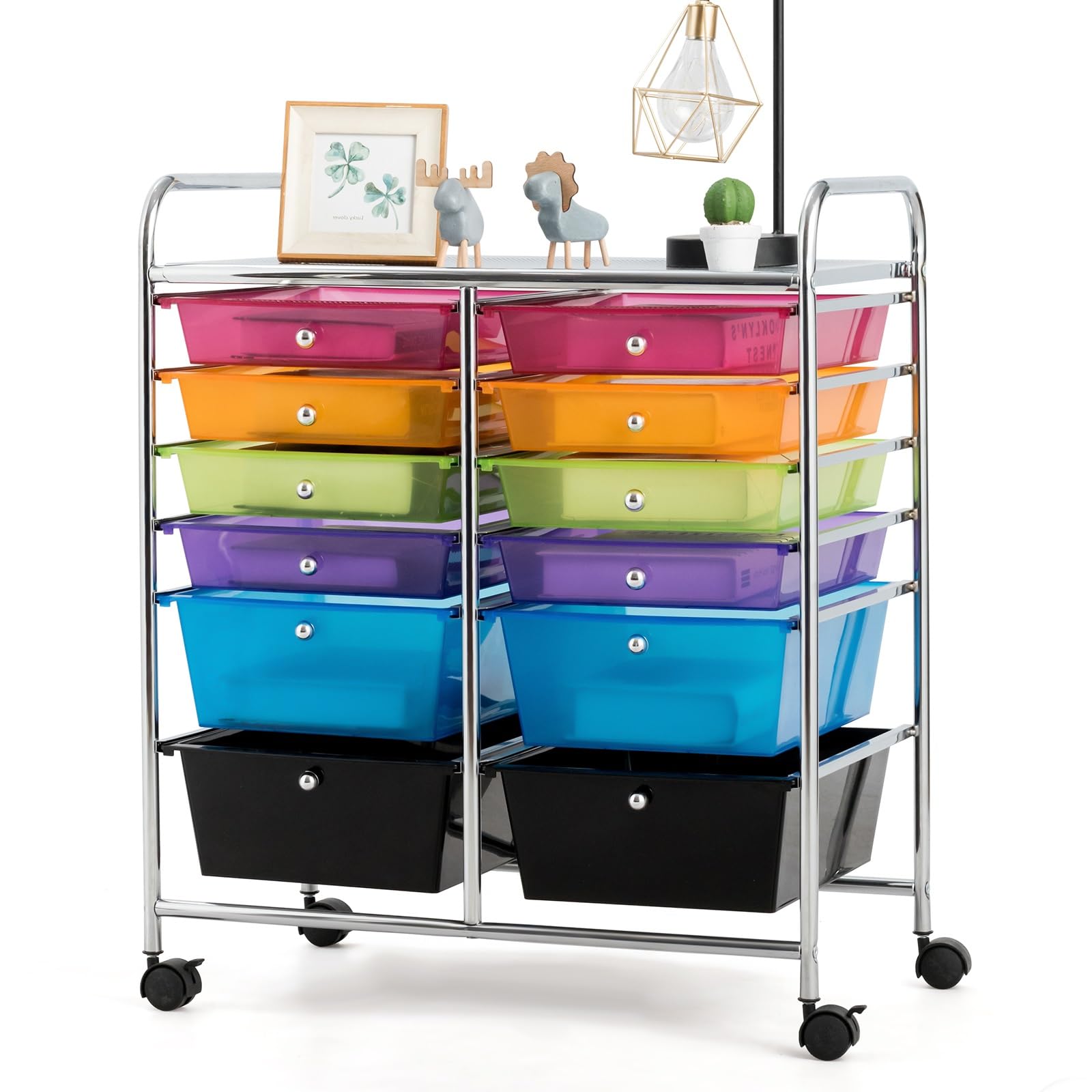 OFFICEJOYStorage Cart, 12 Drawer Rolling Organizer Cart with Large Capacity, Portable Carrying Handle & Lockable Wheels, Utility Cart for Tool Home Office School Beauty Salon Art Craft (Rainbow)
